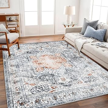 CHAMPLANT Area Rug 8x10 Washable Rug Orange Gray Vintage Traditional Mat Distressed Indoor Foldable Thin Retro Accent Floral Print Non Slip Carpet Living Room Dining Room Office