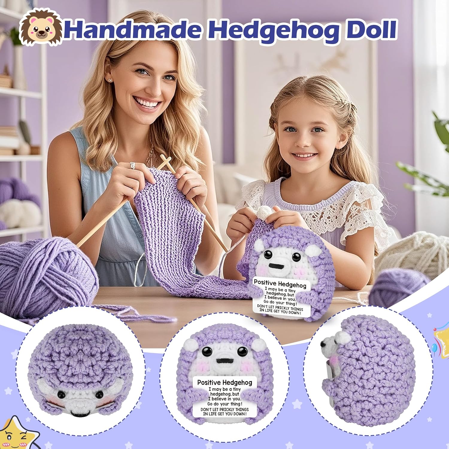 Valentines Day Gifts for Her Kids Daughter, Easter Basket Essentials Stuffers for Teens Girls Birthday Gift for Women Positive Crochet Animals Emotional Plush Support Handmade Hedgehog - Image 3