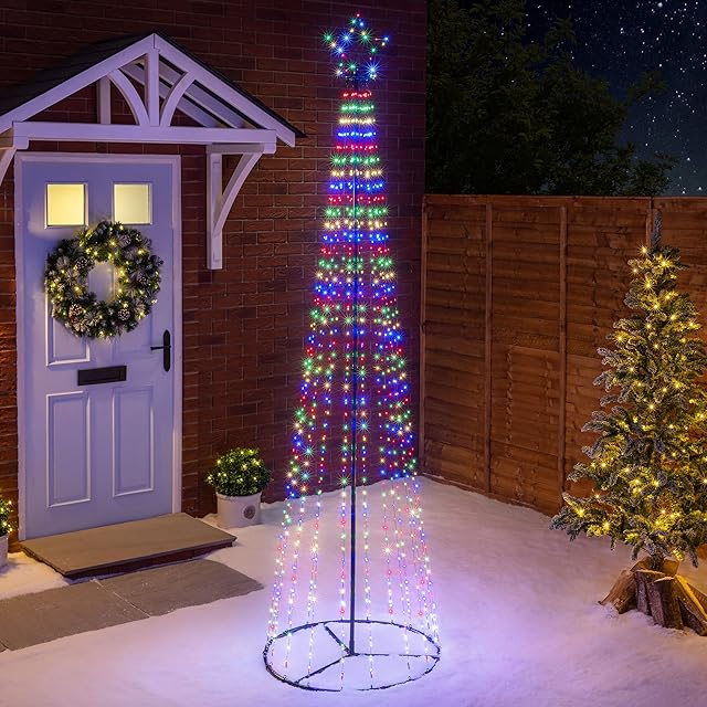 Christow Maypole Christmas Tree, Light Up Outdoor Decoration, Flashing Multi Coloured Micro LED Pyramid Light, Mains Operated (2.4m)