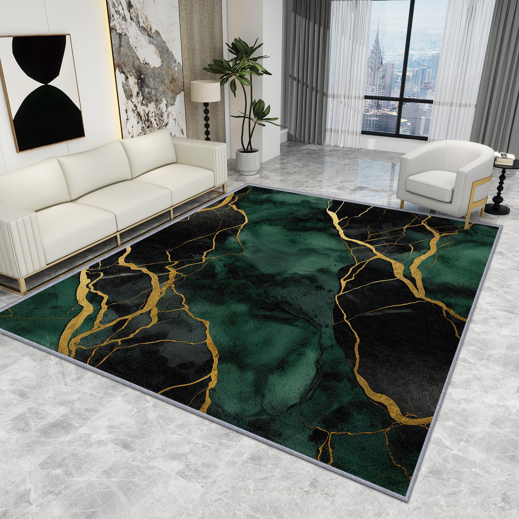 Luxury Abstract Modern Marble Rug - Large 120 X 170 cm Emerald Green Gold Black Washable Non Slip Low Pile Soft Area Rugs, Home Decor Gifts