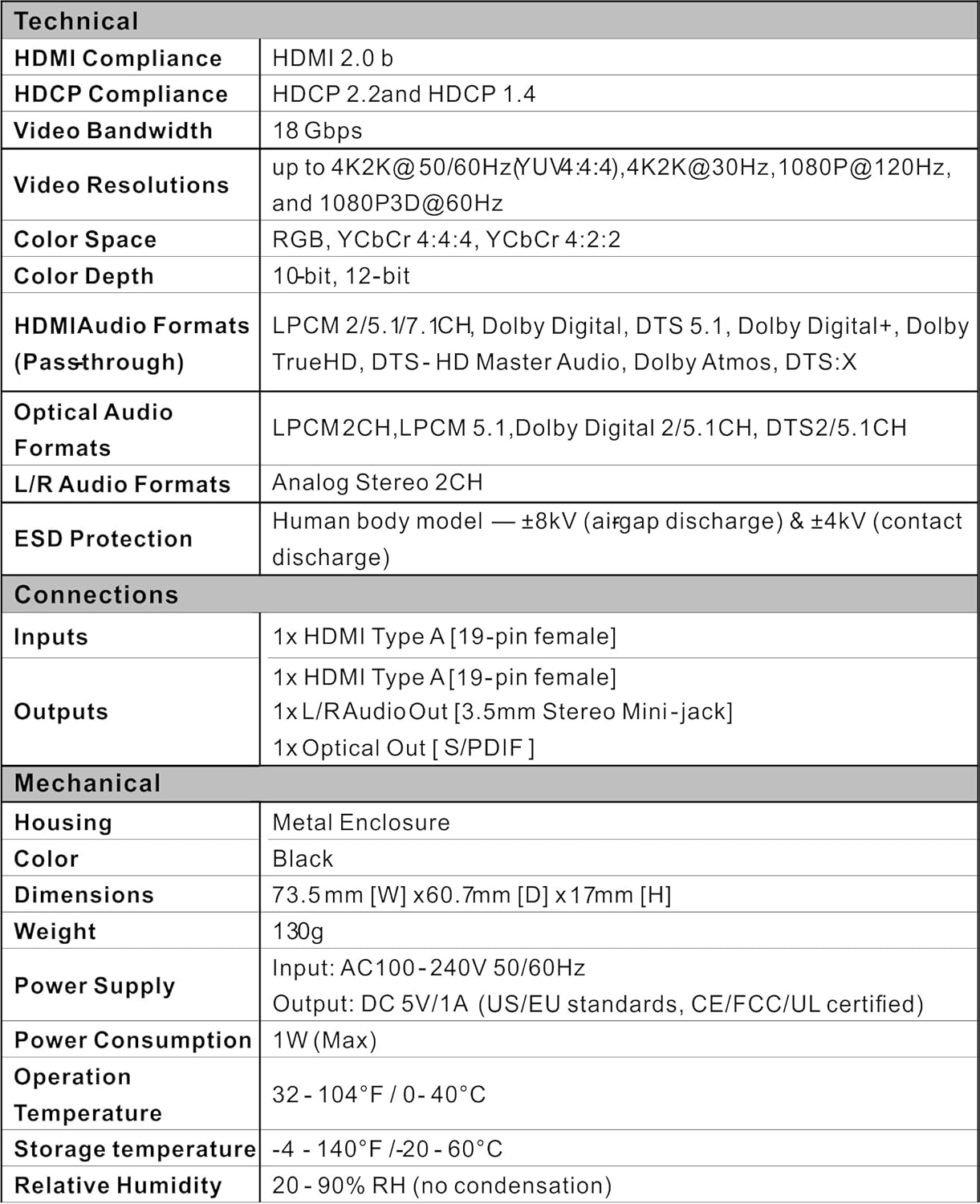 Technical specifications table for ViewHD VHD-UHAE HDMI Audio Extractor