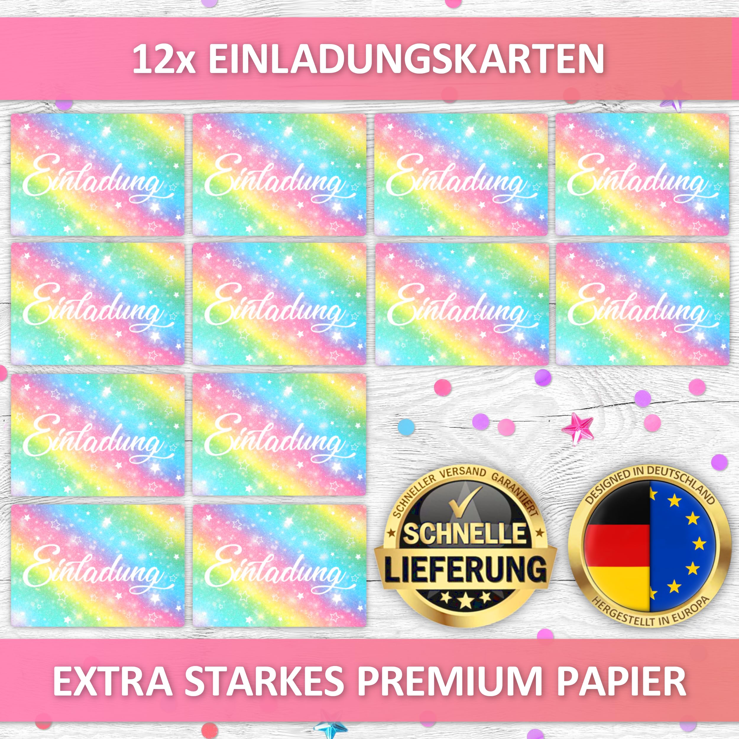 12 Biglietti Invito Compleanno Bambini - Glitterati, Arcobaleno, 15x10.5 Cm, Per Feste E Celebrazioni
