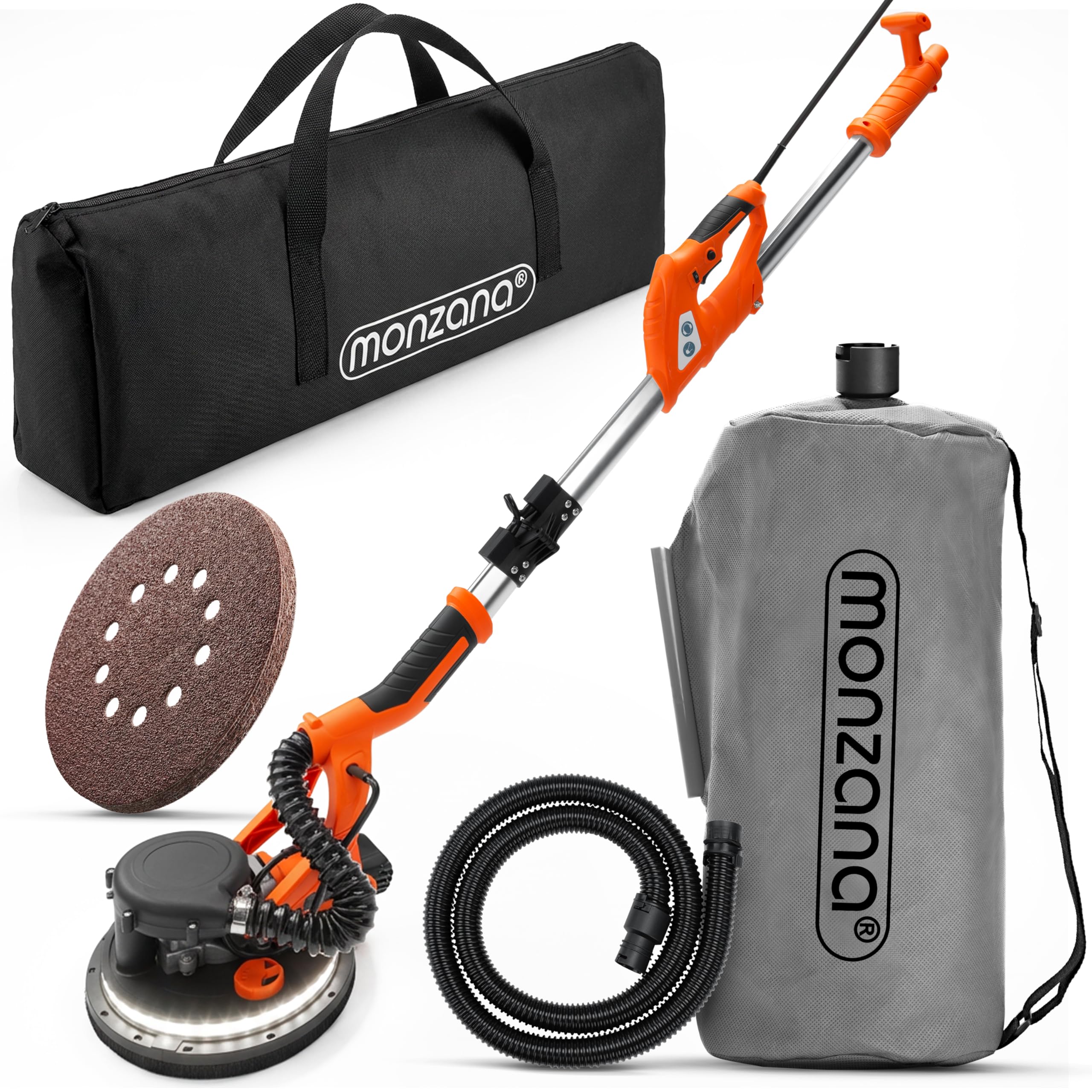 MONZANA® 750W Drywall Plaster Sander | Max Speed 1750 RPM | Self-Cleaning Function with Suction Bag | Includes 12x 225mm Diameter Hook & Loop Sanding Discs | LED Light