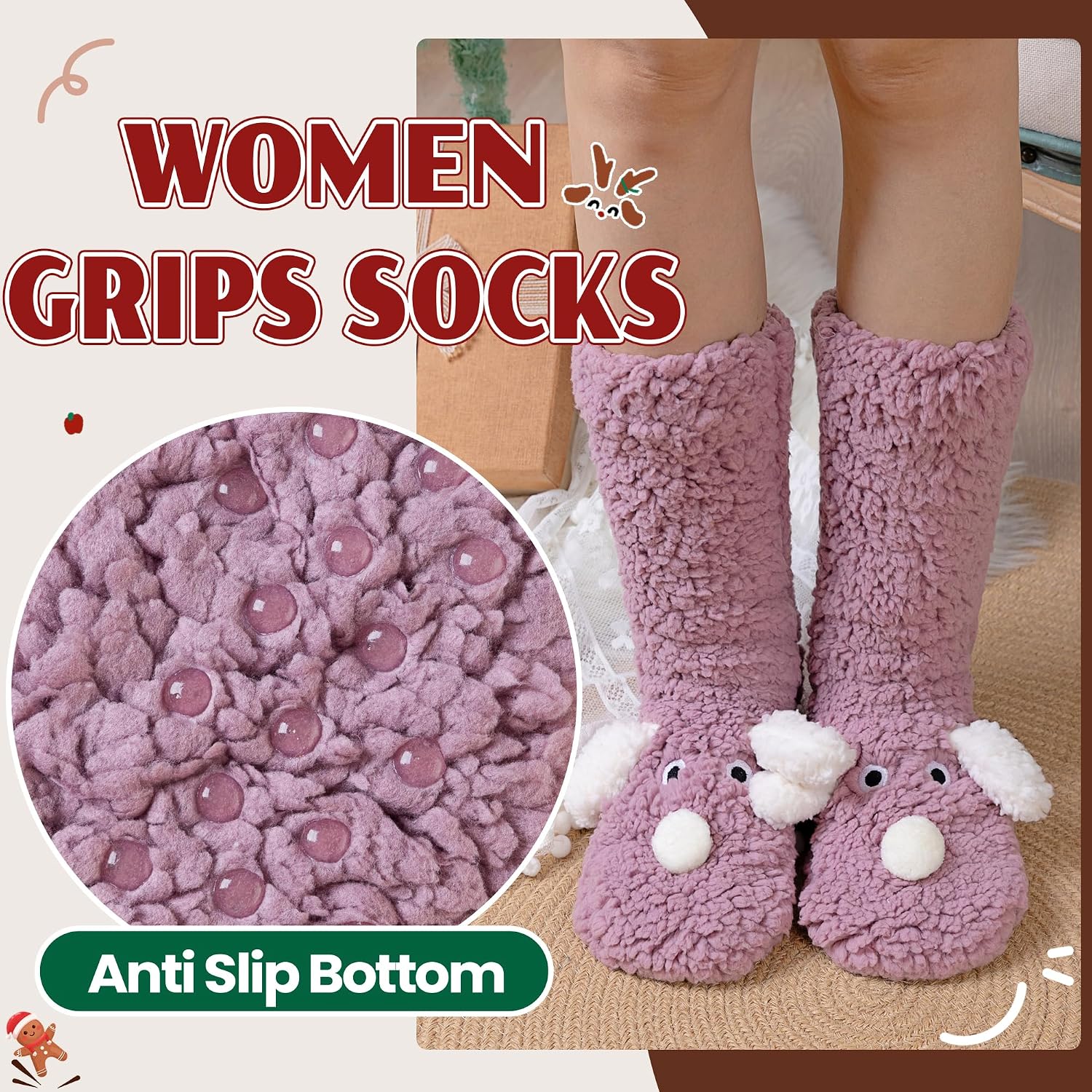 Eocom Womens Slipper Fuzzy Grips Socks Fluffy Winter Warm Crazy Funny Cute Animal Thermal Non Slip Fleece Cozy Socks