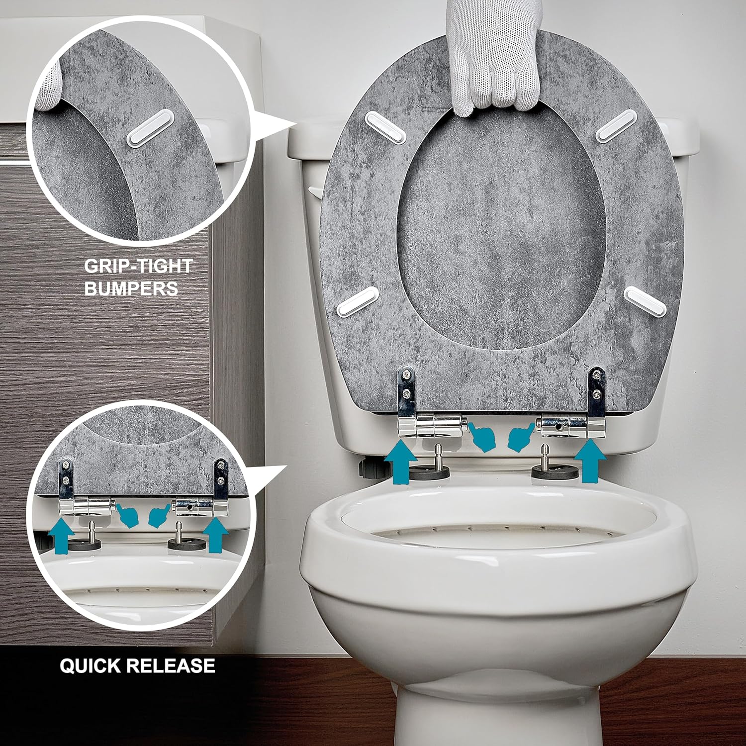 Toilet Seat, Slow Close, Premium Moulded Wood, Quick Release, Slate Marble Look, PIKLiDS, Laminated Woodgrain Finish (Round)