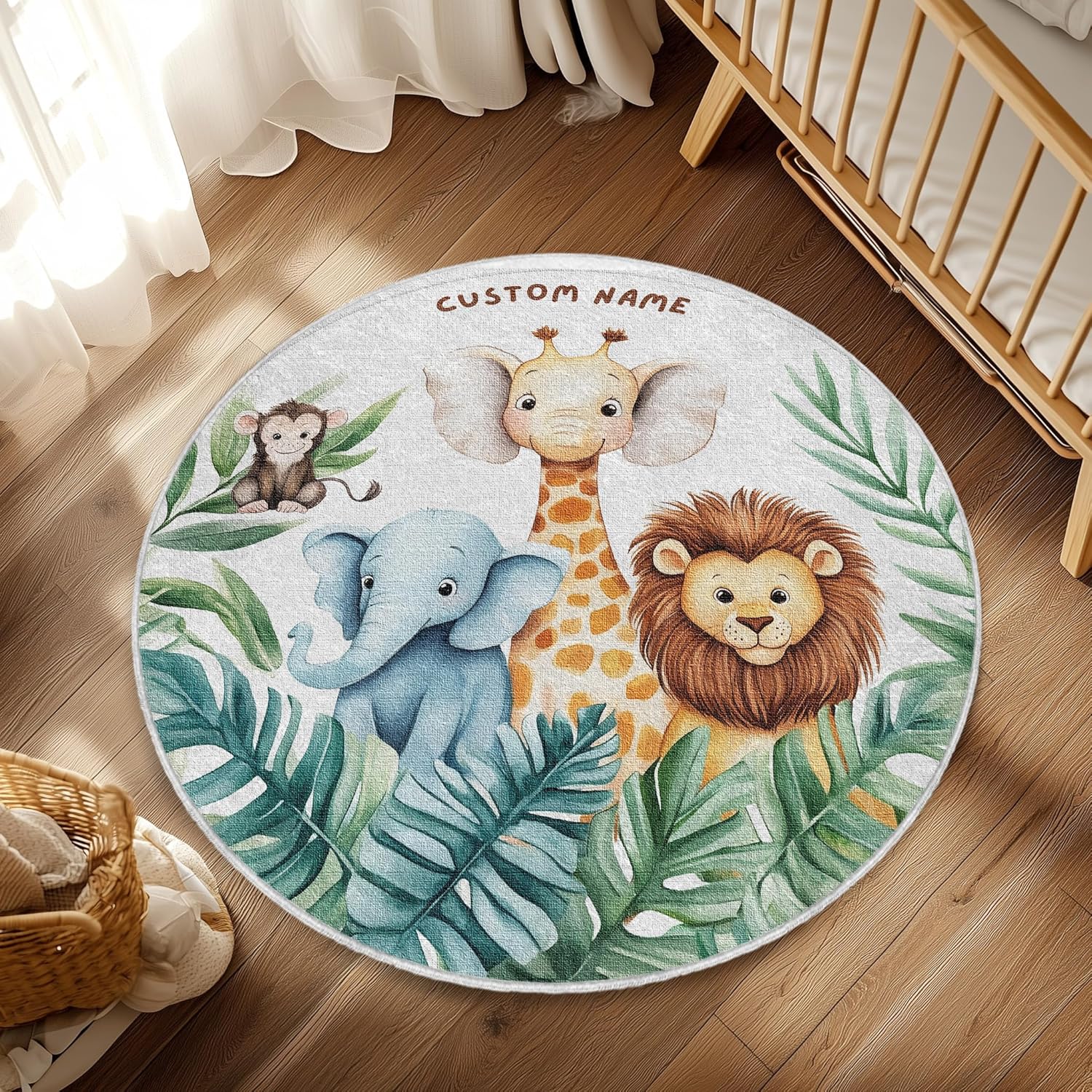 Personalized Safari Nursery Rug with Name – Washable Round Rug for Baby Room, Safari Animal Kids Rug, Custom Jungle Theme Area Rug for Nursery Decor, Cute Playmat for Kids
