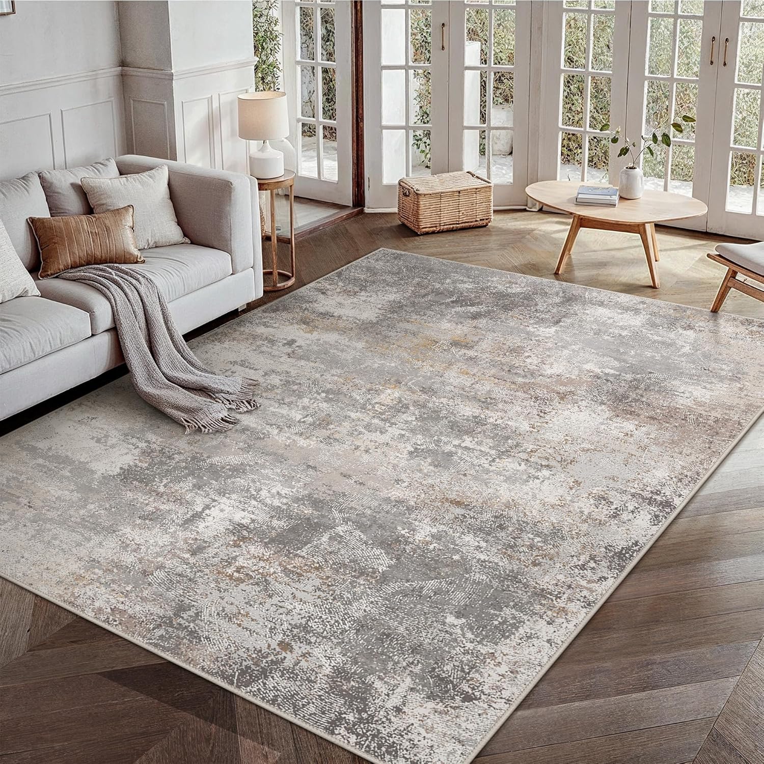 GENIMO Washable 5x7 Area Rugs for Living Room, Non Slip Modern Abstract Rug, Machine Washable Stain Resistant Low Pile Soft Carpet for Bedroom, Dining, Office, Light Grey Brown