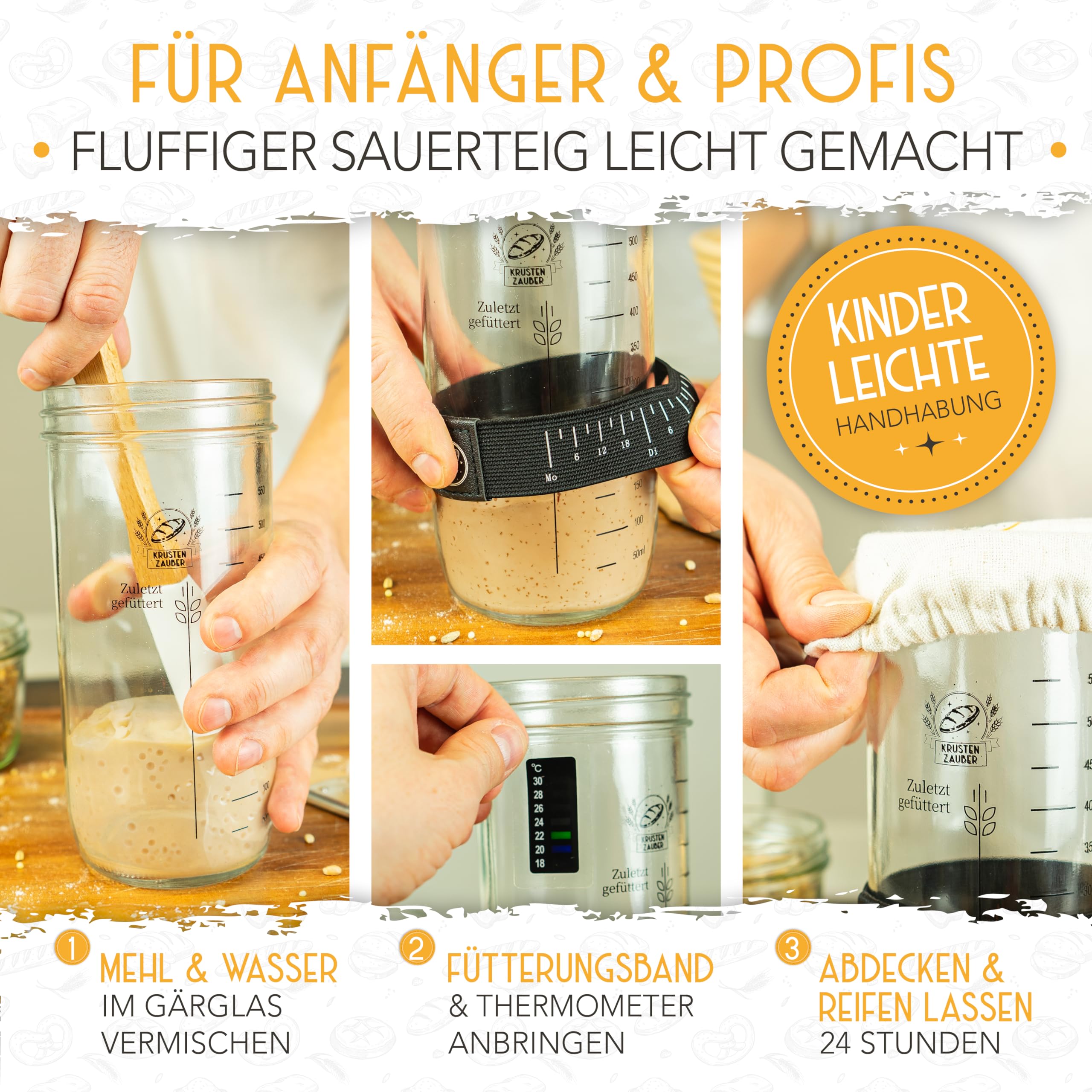 KRUSTENZAUBER Kit de démarrage de levain - Pot de fermentation 600 ml avec spatule et thermomètre - Accessoires pour cuisson du pain, verre de levain, fermentation, kit de démarrage de levain