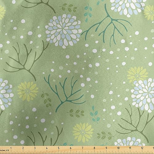 Ambesonne Spring Fabric by The Yard, Abstract Floral Bloom Pattern with Foliage Leaves and Petals Pale Colored Background, Decorative Satin Fabric