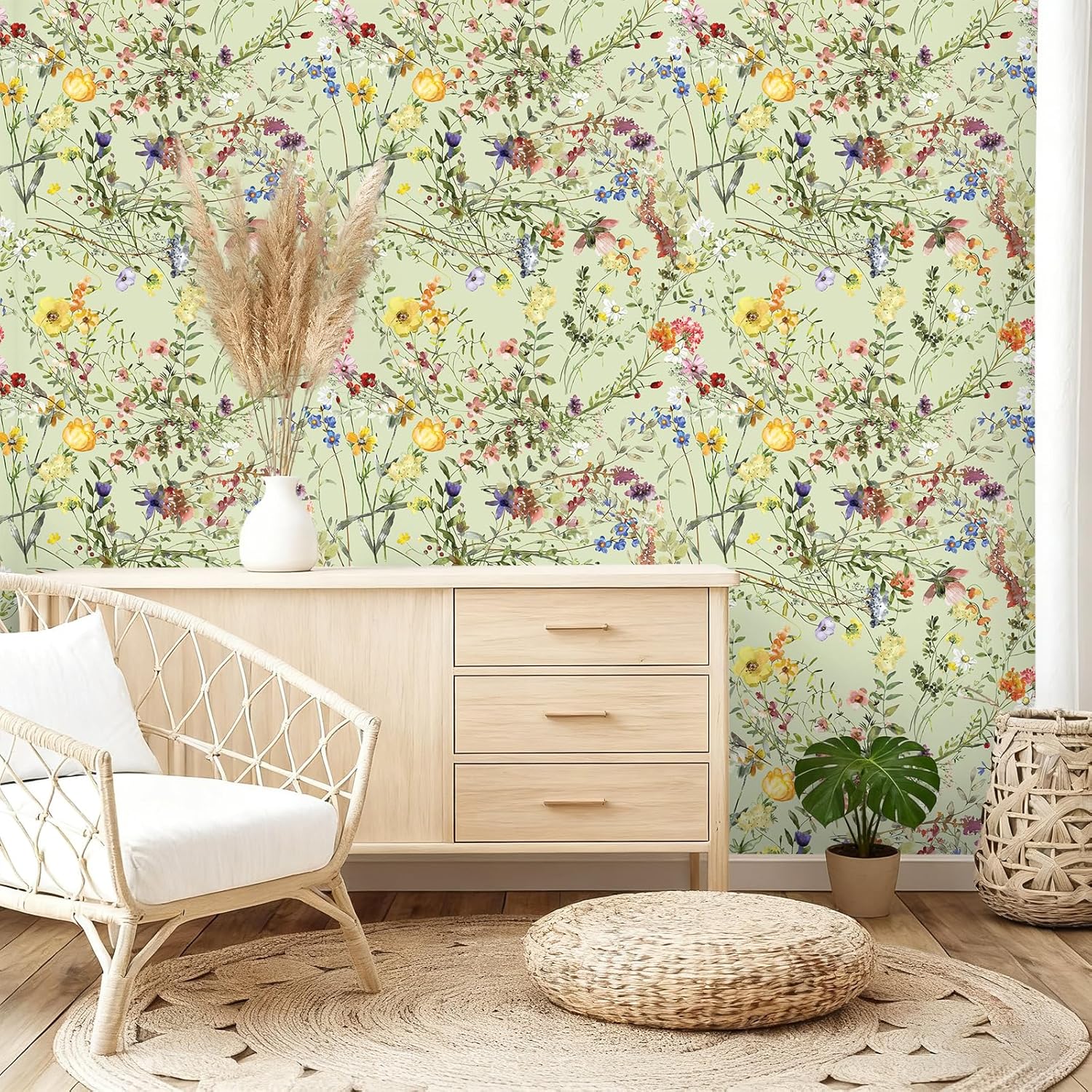 VEELIKE Green Floral Wallpaper Peel and Stick Vintage Wildflowers Wallpaper for Bedroom Living Room 17.7''x118'' Self Adhesive Removable Flower Wall Paper Floral Contact Paper for Cabinets Drawers