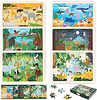BONNYCO Wooden Animal Jigsaw Puzzles for Kids 3-6: 6x 24-Piece Sets with Boards, Diverse Ecosystems Educational Toys