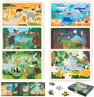 BONNYCO Wooden Animal Jigsaw Puzzles for Kids 3-6: 6x 24-Piece Sets with Boards, Diverse Ecosystems Educational Toys