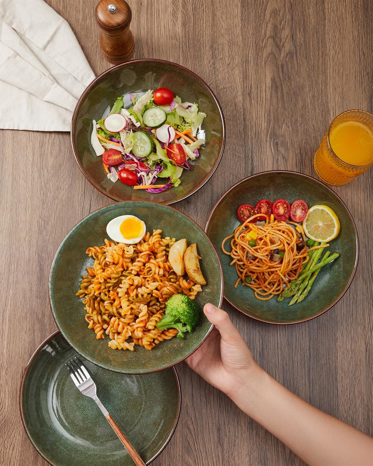 8.75 Inch Large Ceramic Pasta Bowls, 32 Oz Reactive Glaze Stoneware Pasta Serving Bowls Set of 4 for Kitchen, Wide Bowls for Fruit,Pasta,Salad,Soup, Scratch Resistant-Brown and Green - Image 4