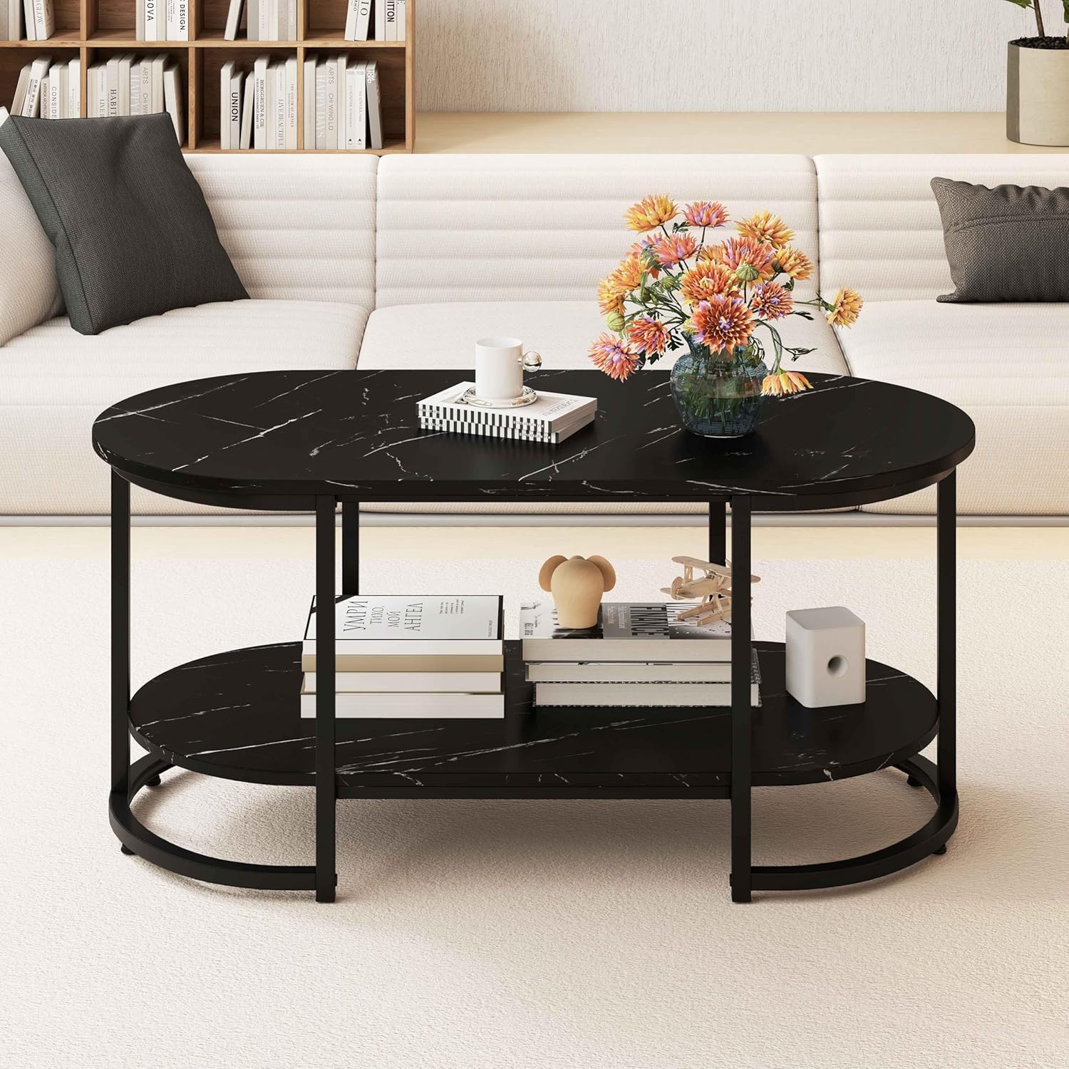 GOFLAME Oval Coffee Table with Storage, 2-Tier Center Table for Living Room with Faux Marble Top, Open Shelf, Metal Frame, Modern Tea Table for Small Spaces, Reception Room, Apartment, Black