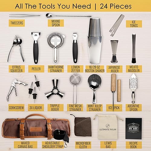 Miniatura 5 de Kit profesional de barman bolsa de viaje con juego de coctelera  Juego de barra de mixología portátil con coctelera Boston de 1828 oz  Herramientas