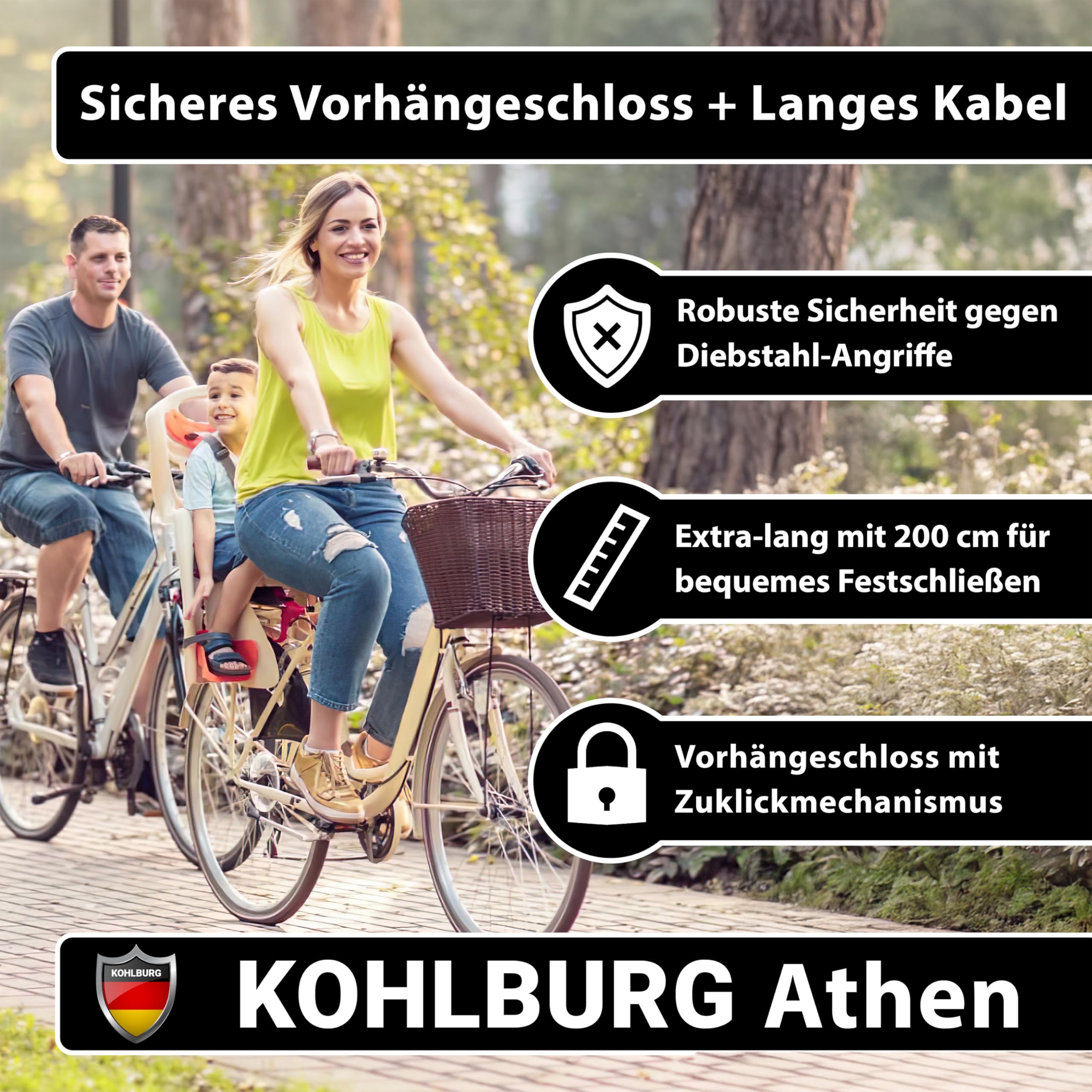 KOHLBURG Kabelschloss 2m lang – Schloss mit Schlüssel einfach zuklickbar – 2 Meter Schlaufenkabel für Fahrrad & Gartenmöbel – Stahlkabel 200 cm als Fahrradschloss, Fahrradanhänger & Kinderwagen