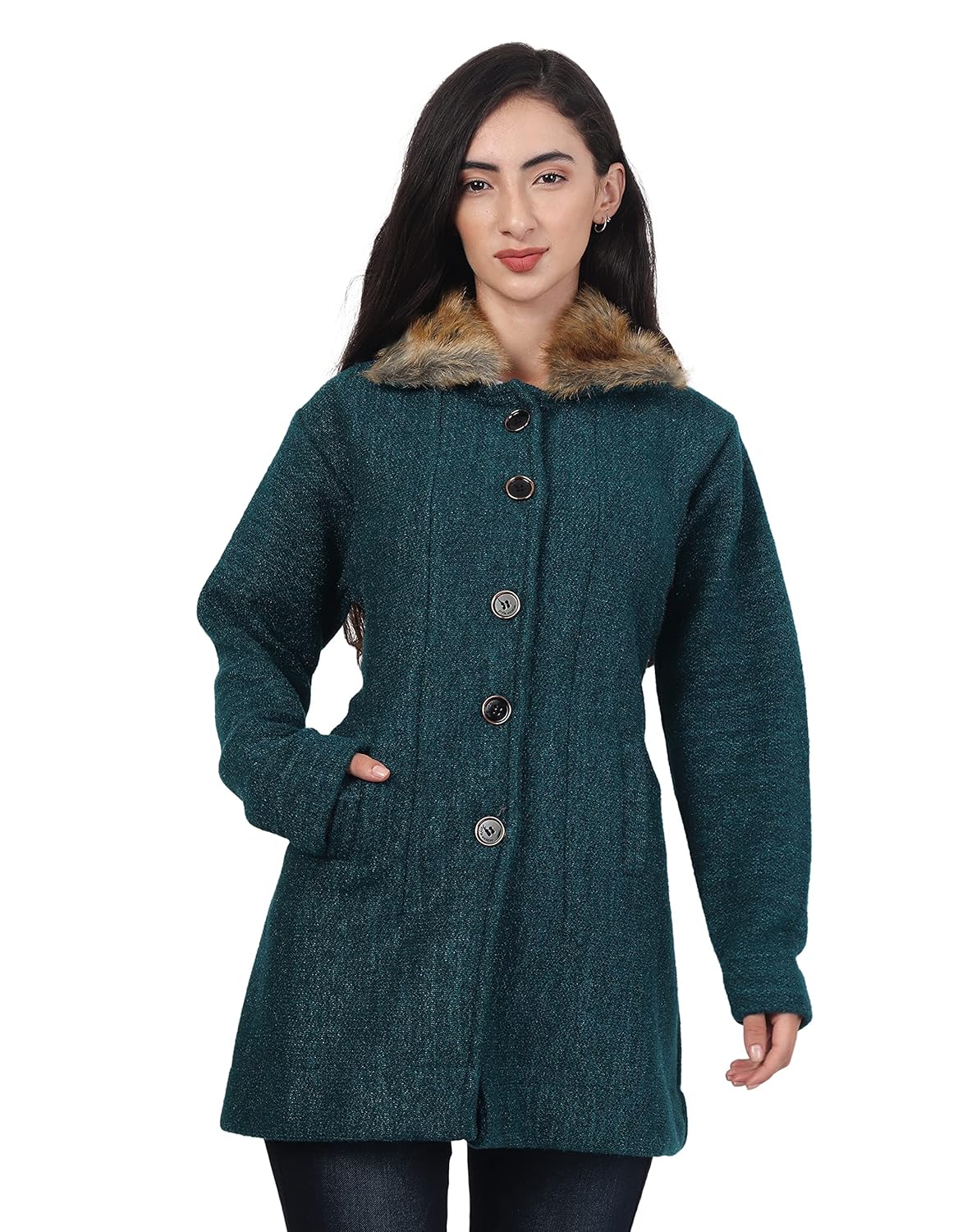 HAUTEMODA Solid Collared Neck Casual Women Coat with Fur Collar