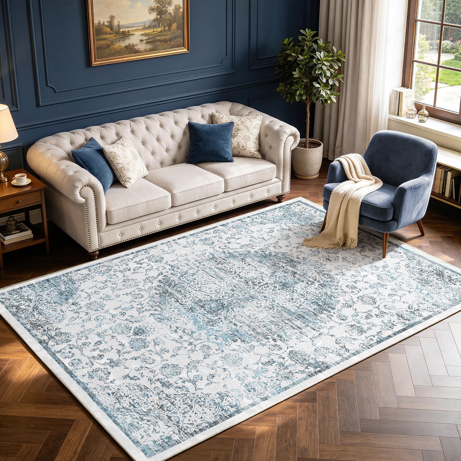 Autsel Living Room Rugs 140x200cm, Large Washable Rug, Non Slip Low Pile Area Rugs, Vintage Rug, Multi-use Durable Floor Carpet for Bedroom, Kitchen, Runner Rugs for Hallway, Vintage Blue