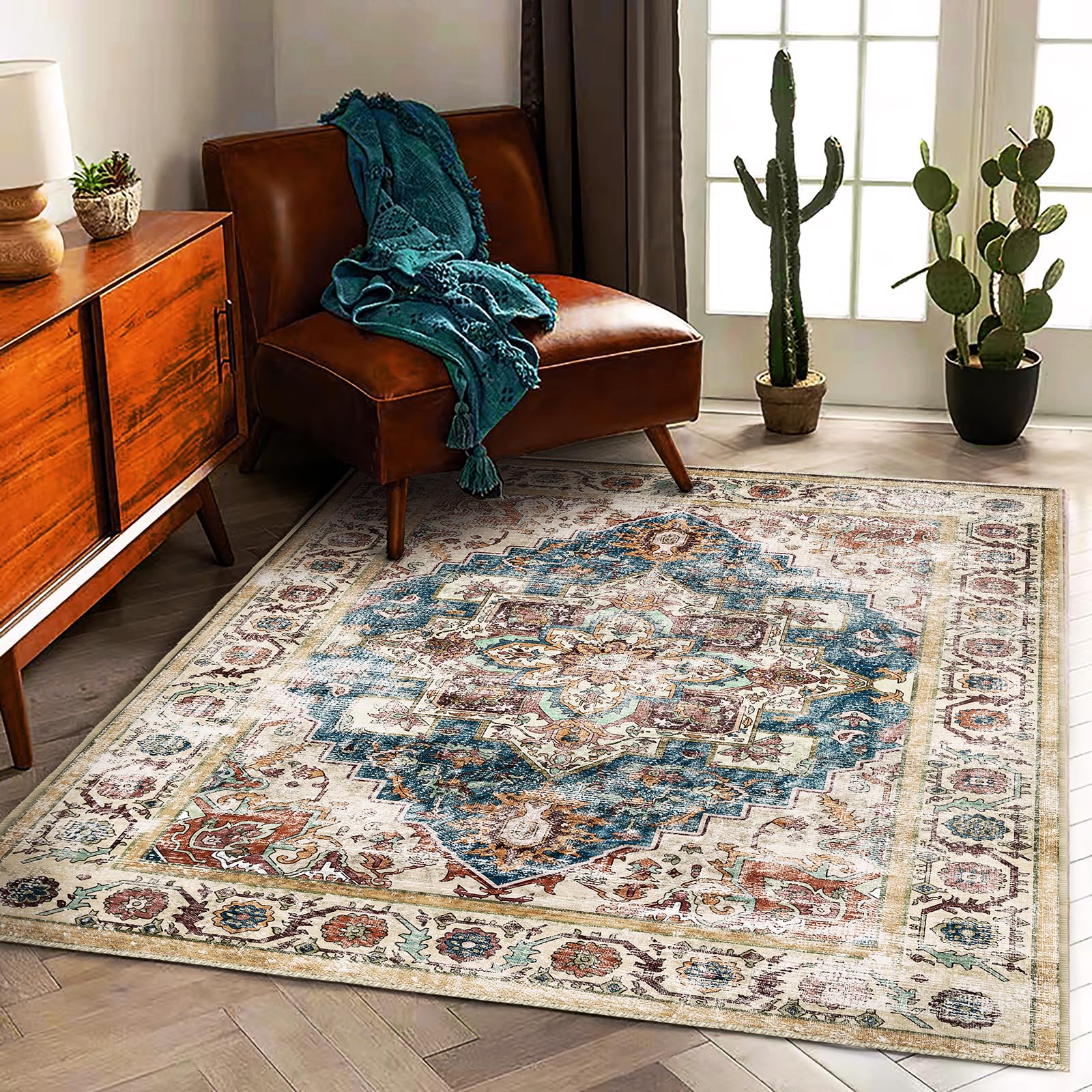CHAMPLANT Washable Area Rug 5'x7' for Living Room Retro Beige Blue Boho Chic Medallion Distressed Design Indoor Non-Slip Large Persian Oriental Accent