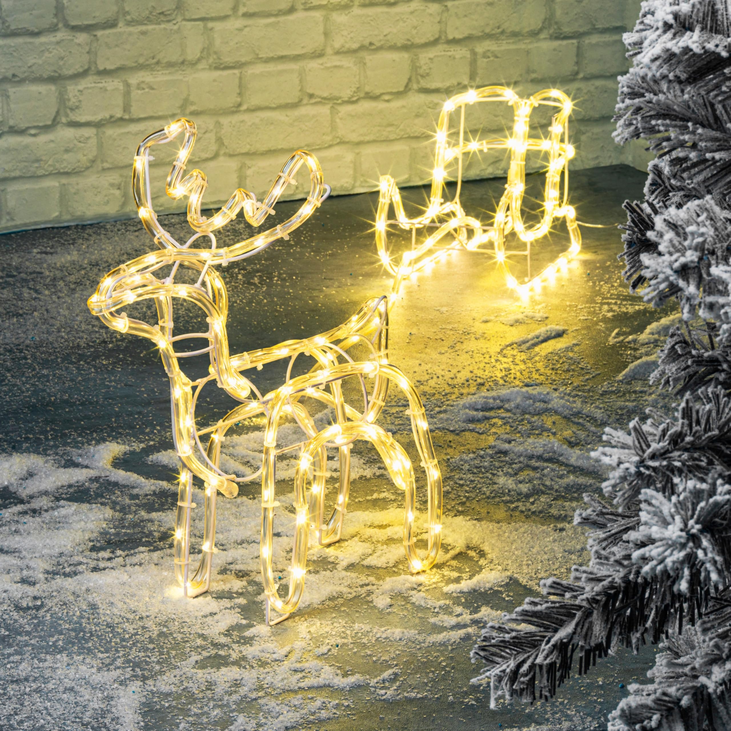 LED Rentier mit Schlitten - 160 LED in warmweiß - Lichterkette Lichtschlauch für Innen & Außen - Leuchtfigur Weihnachtsdekoration mit Rentier beleuchtet außen & Garten beleuchtet