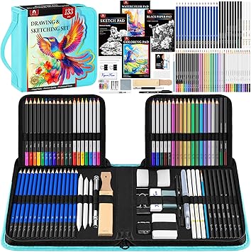 133 PCS Art Supplies Sketching Kit, Pro Drawing Pencils with Sketchbook, Coloring Book, Watercolor Pad, Black Paper Pad, Colored Graphite Charcoal Watercolor & Metallic Pencils for Artists Adults