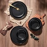 E-far Stoneware Dinnerware Sets for 2, 6-Piece Plates and Bowls Set, Modern Ceramic Dishes Dinning Ware, Microwave & Dishwasher Safe - Matte Black