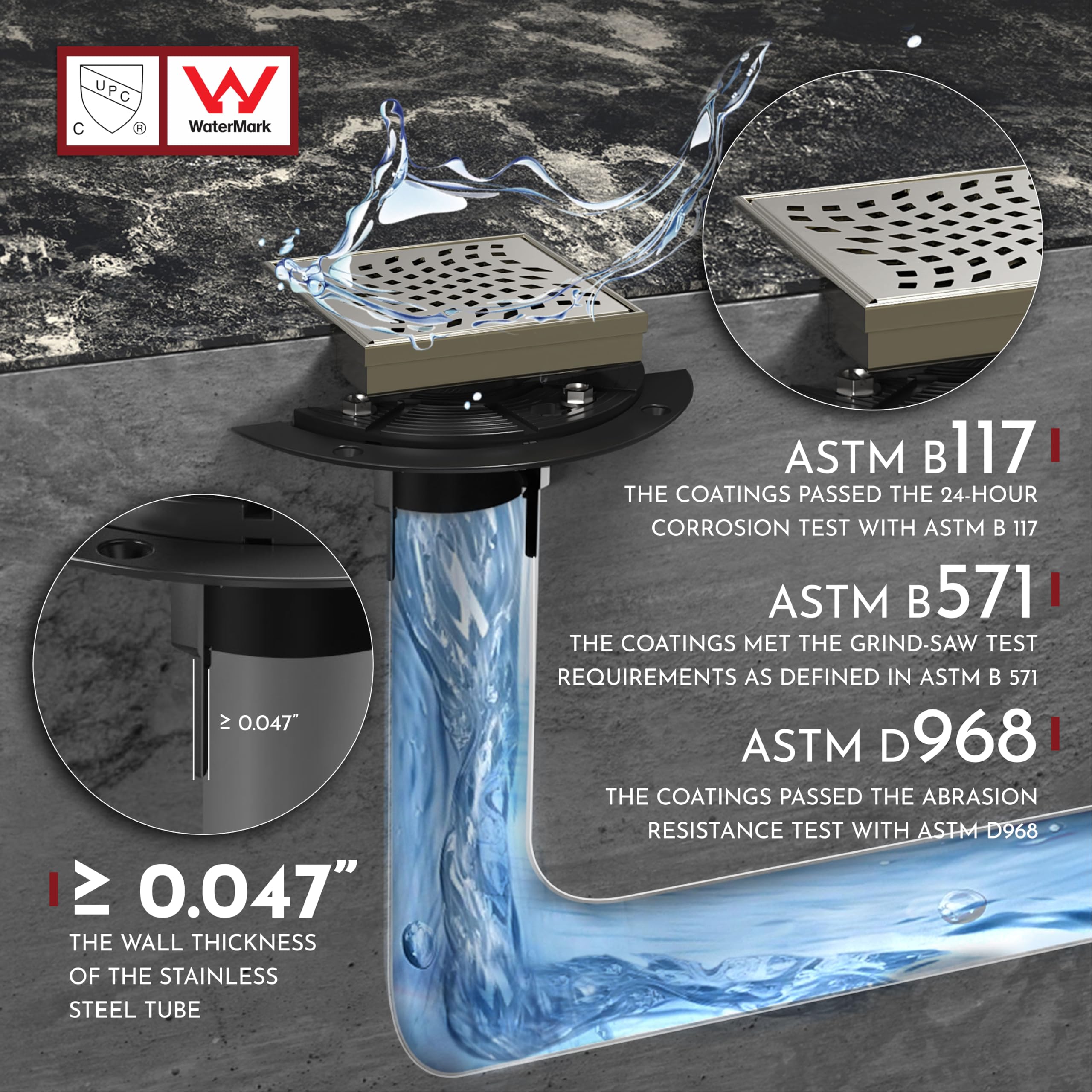 WEBANG Drenaje de suelo de ducha de 4 pulgadas con accesorios, rejilla extraíble de acero inoxidable SUS304 con marca de agua y níquel cepillado certificado CUPC