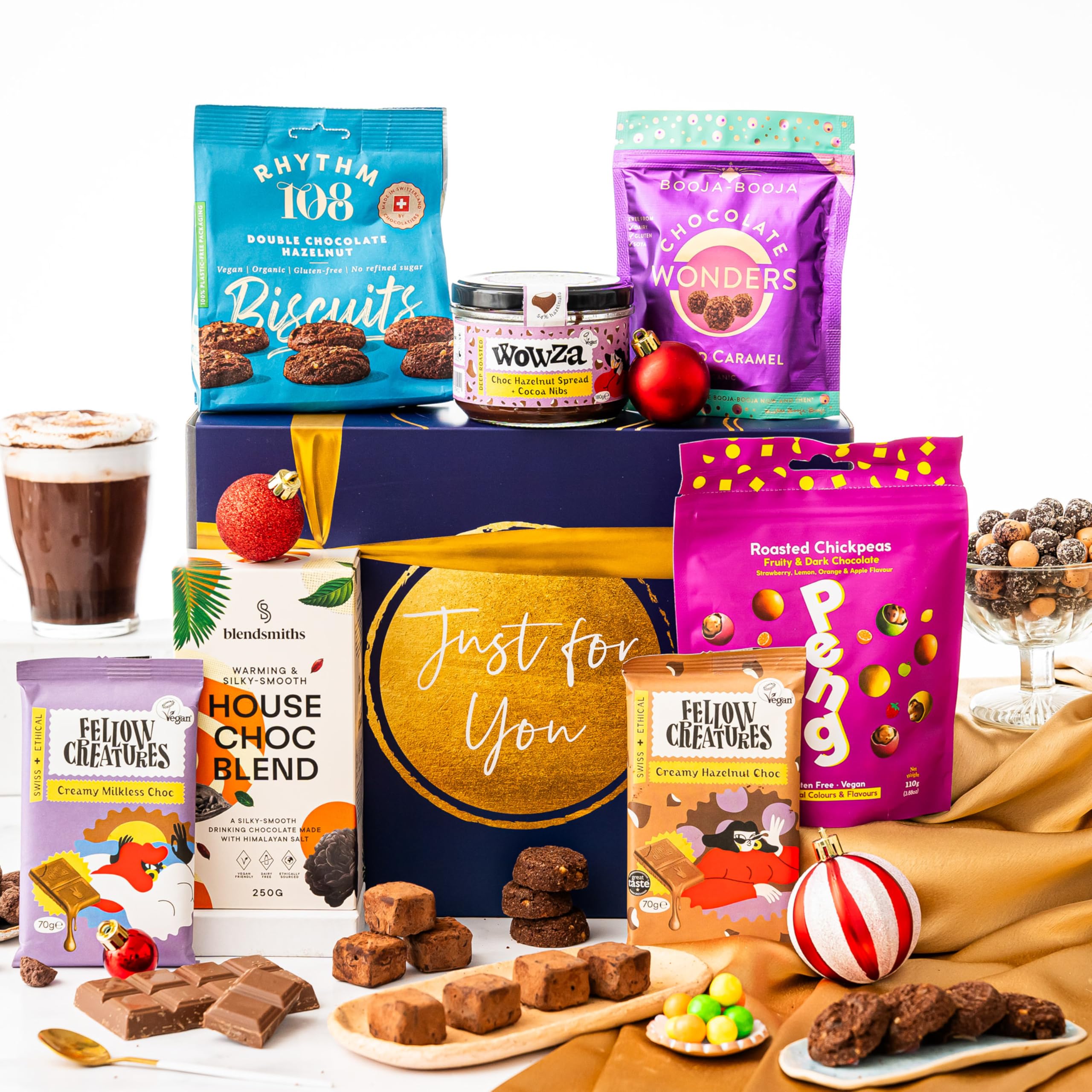 Just Because Vegan Hot Chocolate Gift Hamper Basket, Luxury Gourmet Gifts for Women, Men, Couples, with Vegan Chocolate by EDEN & CO