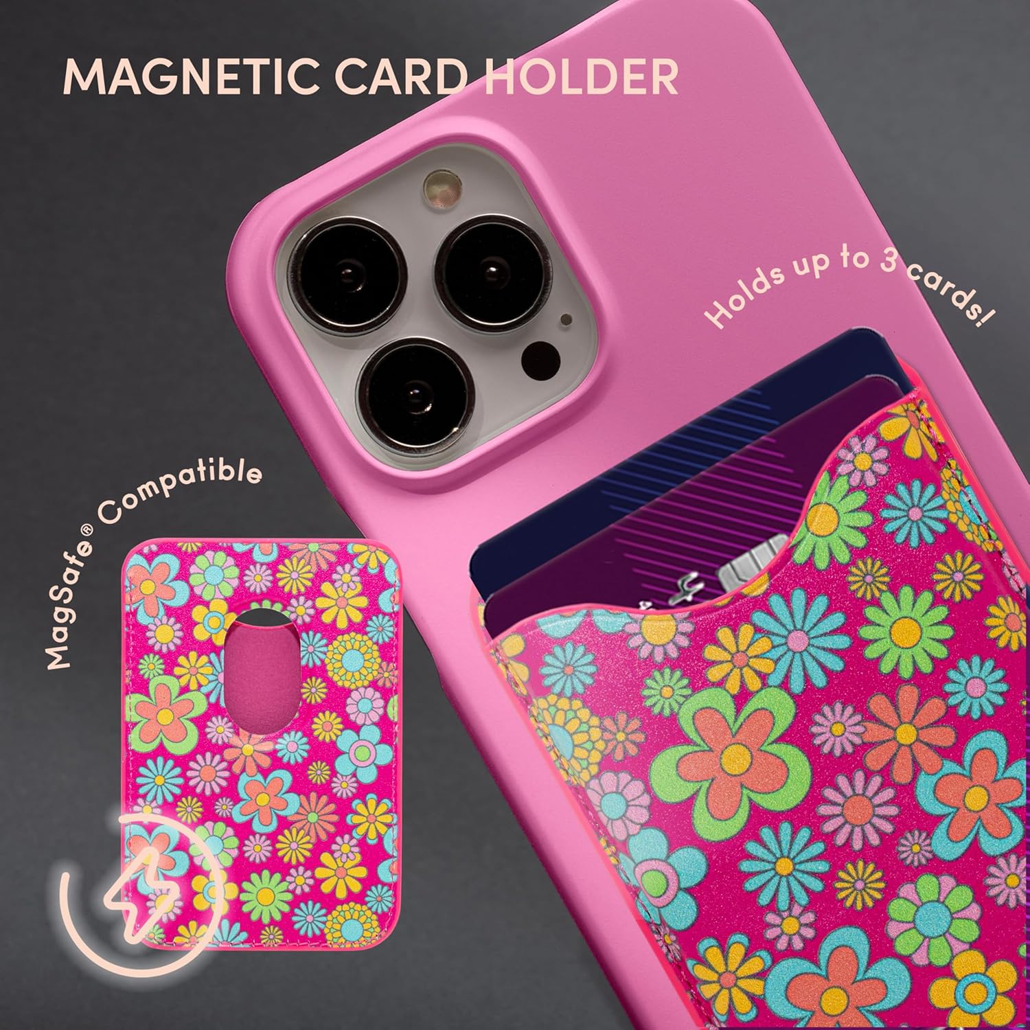 XO Poppy Magnetic Card Holder showing MagSafe compatibility and how to insert cards.