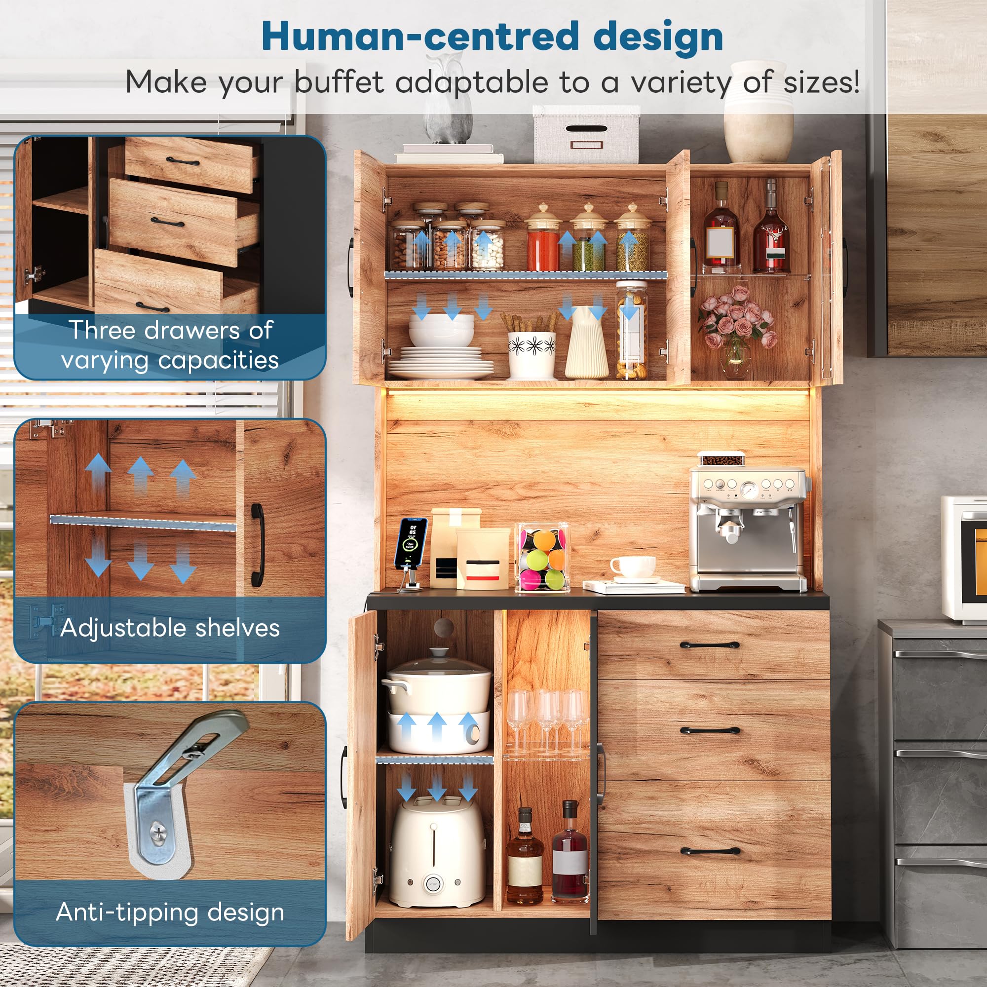 105 x 40 x 180 cm, moderno mobile da cucina, nero e effetto legno con illuminazione a LED, ripiani regolabili e presa in stile euro, adatto per cucine, sala da pranzo, soggiorno, ecc.