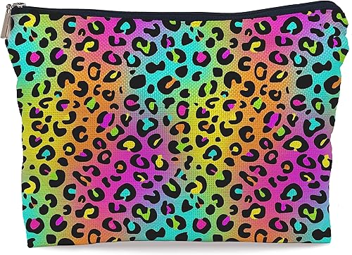 Lacosu Bolsa de maquillaje con estampado de leopardo neón colorido, bolsa de cosméticos, bolsa con cremallera, bolsas de tocador, regalos con