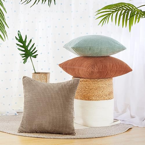 Miniatura 2 de Deconovo - Juego de 2 fundas de cojín de pana, 24 x 24 pulgadas, fundas con patrón de rayas color liso gris pardo, aptas para lavadora, decoración