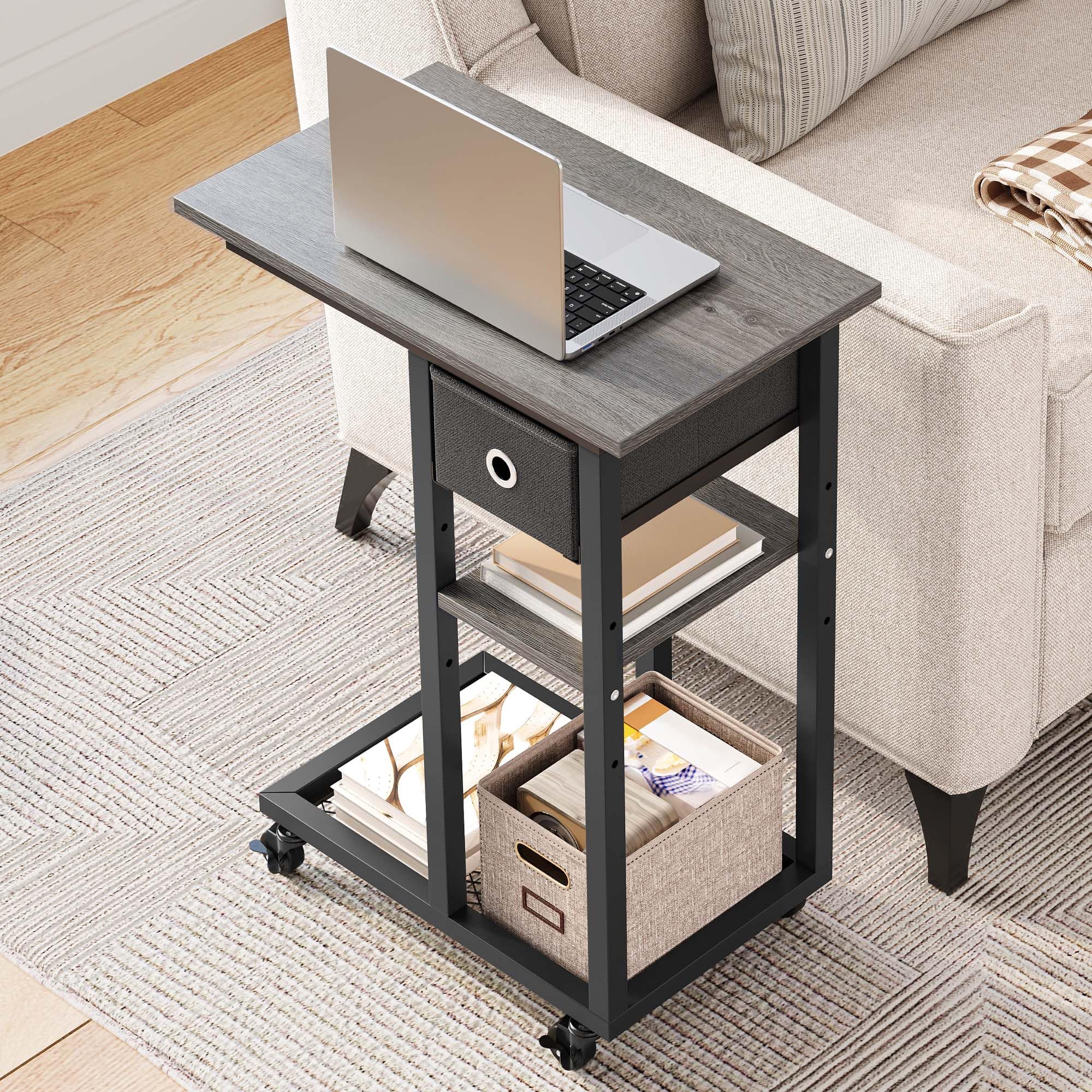 YITAHOME Mesa Auxiliar en Forma de C, Mesa Auxiliar para Sofá con Cacharro y Ruedas, Mesa de Café para Computadora Portátil,para Sala de Estar, Dormitorio，Gris