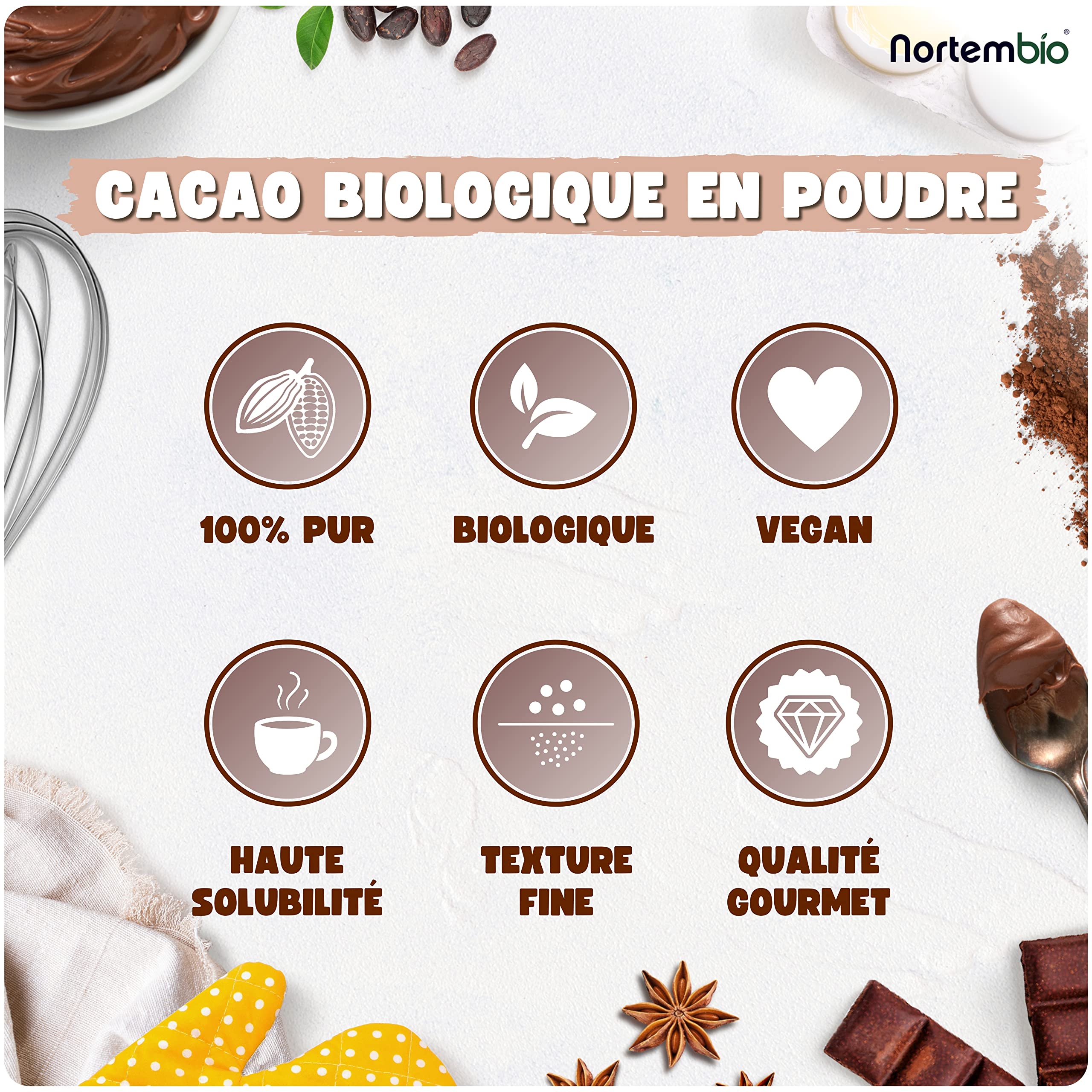 Nortembio Cacao en Poudre 400 g · Cacao Pur Dégraissé Biologique · Sans Sucres, Sans Gluten, Sans Lactose, Végan. Idéal pour la Pâtisserie et les Boissons Gourmets.