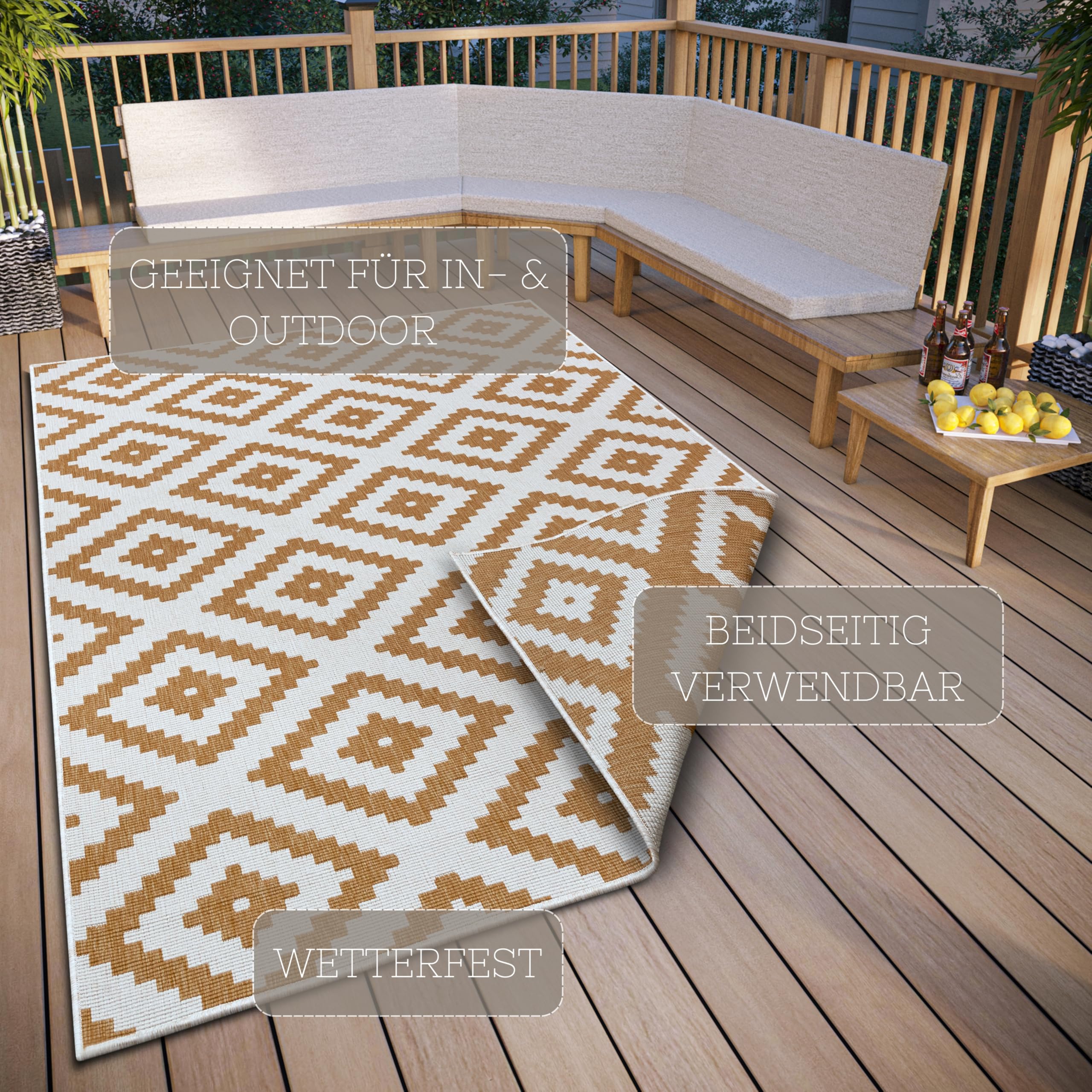 NORTHRUGS Malta - Tappeto reversibile per interni ed esterni, tessuto piatto, design geometrico, certificato Öko-Tex, resistente alle intemperie e ai raggi UV, per balcone, terrazza, giardino, ocra,