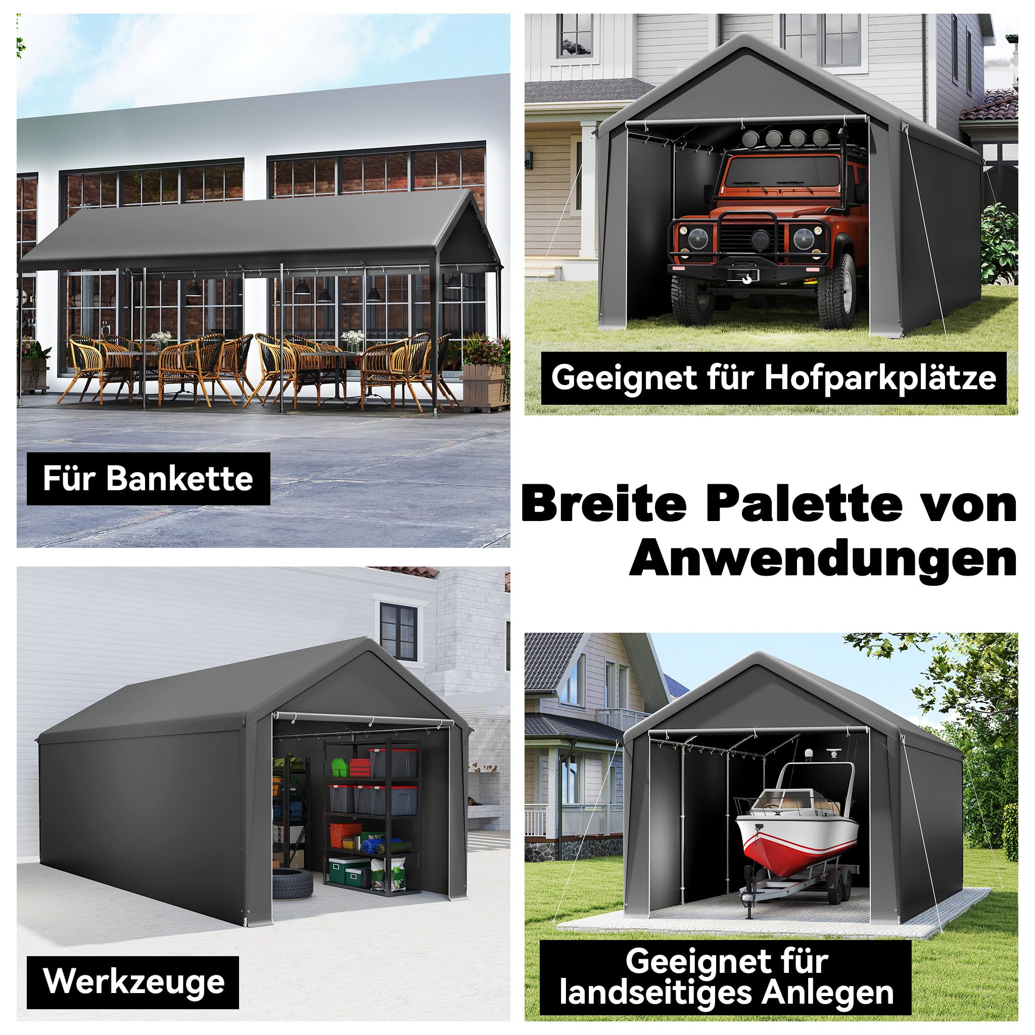 Aufun Carport Zeltgarage 3x6m, Wasserdichtes Lagerzelt mit PE-Dach, Reißenresistenter Garagenzelt mit abnehmbaren Seitenwänden, UV-beständig Winterfest Unterstand für Auto, SUV, LKW, Boot, Grau