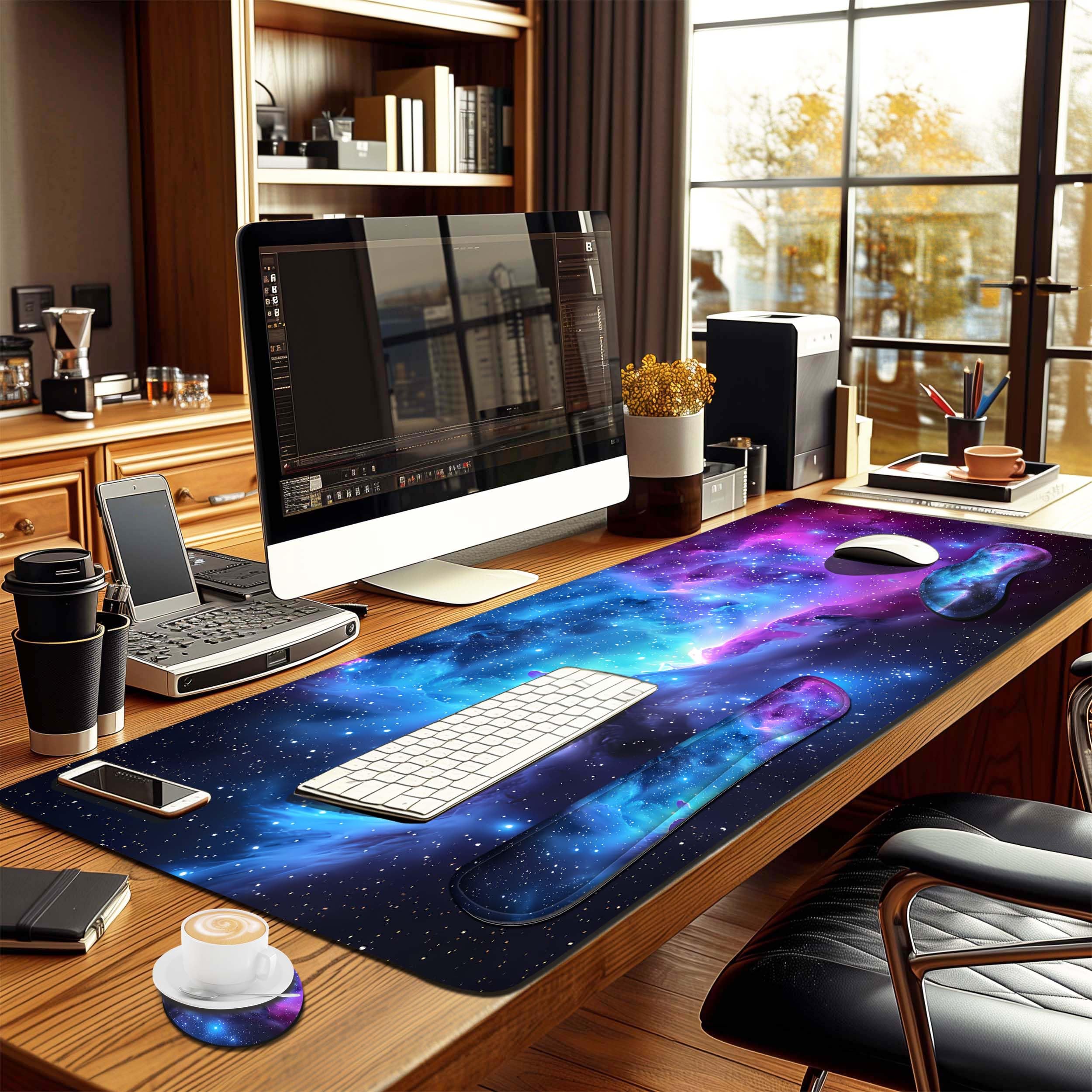 4-teiliges erweitertes großes Mauspad-Set für Damen und Herren mit Galaxie-Design, inklusive 35,4 x 15,7 cm großes XXL-Mauspad, Tastatur-Handgelenkauflage, Maus-Handgelenkstütze und