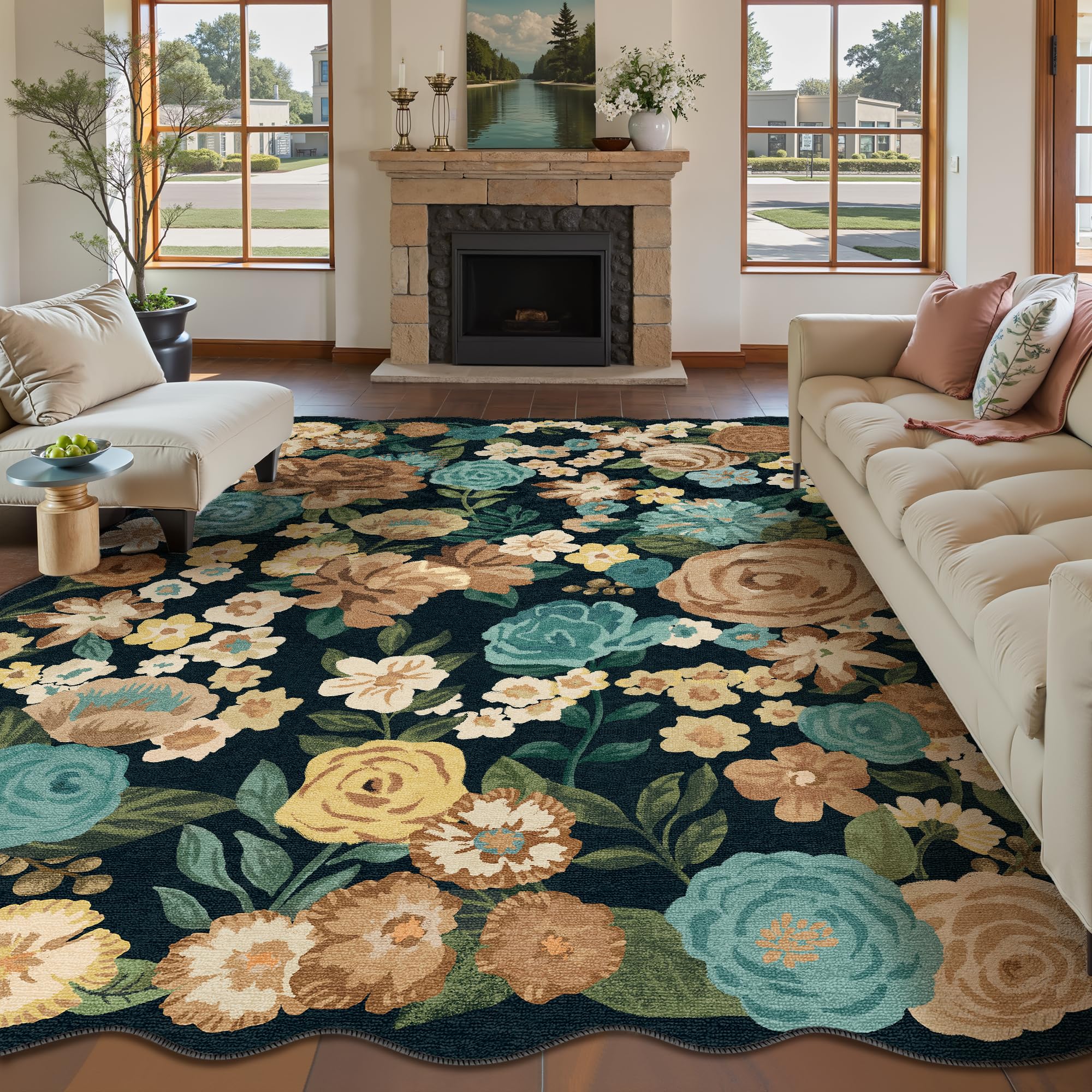 HUGEAR Schwarzer Teppich Wohnzimmer Blumenmuster 200x300cm Schlafzimmer Blumen Boho Neutral Moderner Weich rutschfest Waschbarer Groß Teppiche Wohnzimmer Esszimmer BüRo Innen Kurzflor Carpet