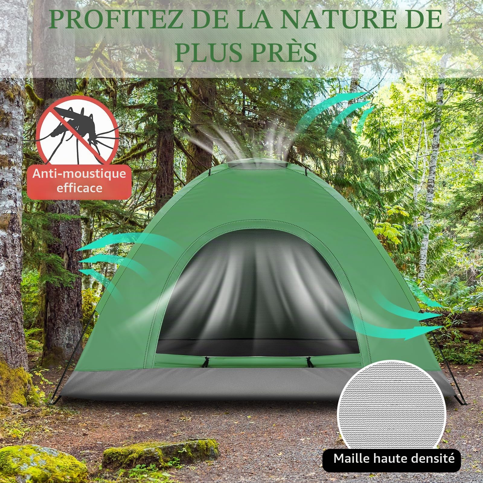 LEADZM Tente de camping portable pour 3 à 4 personnes, imperméable, coupe-vent, protection UV, structure en fibre de verre, idéale pour le camping, les pique-niques, bleu