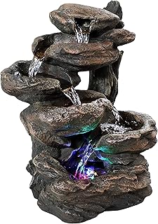 Sunnydaze 6-Tier Staggered Rock Falls Tabletop Fountain with Colored LED Lights - Natural Interior Waterfall Decorative Ac...