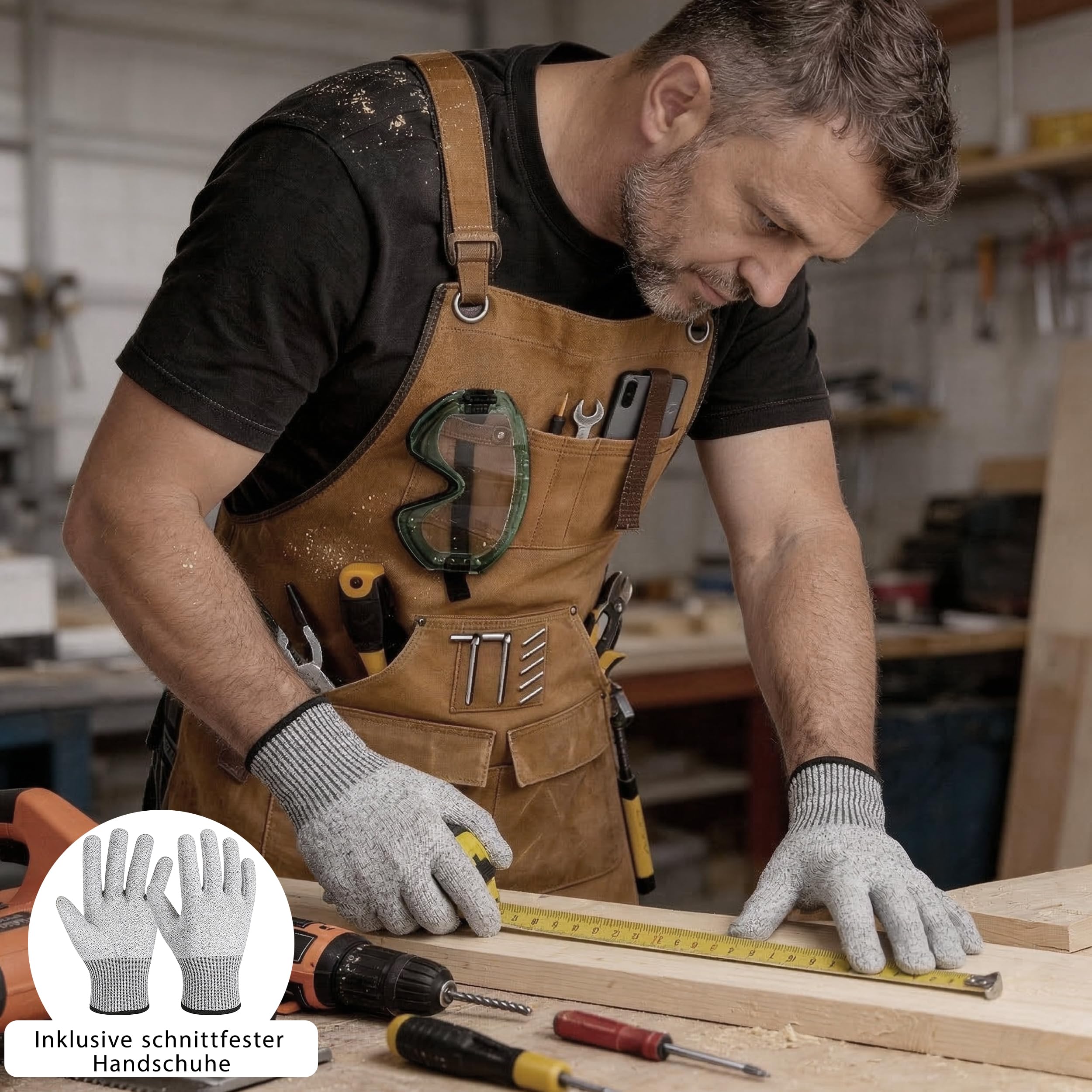 Premium Arbeitsschürze Herren aus 20oz Gewachstem Canvas – Robust & Wasserabweisend – Werkzeugschürze für Holzbearbeitung & Werkstatt mit 9 Taschen, Magnet & Schnittschutzhandschuhe