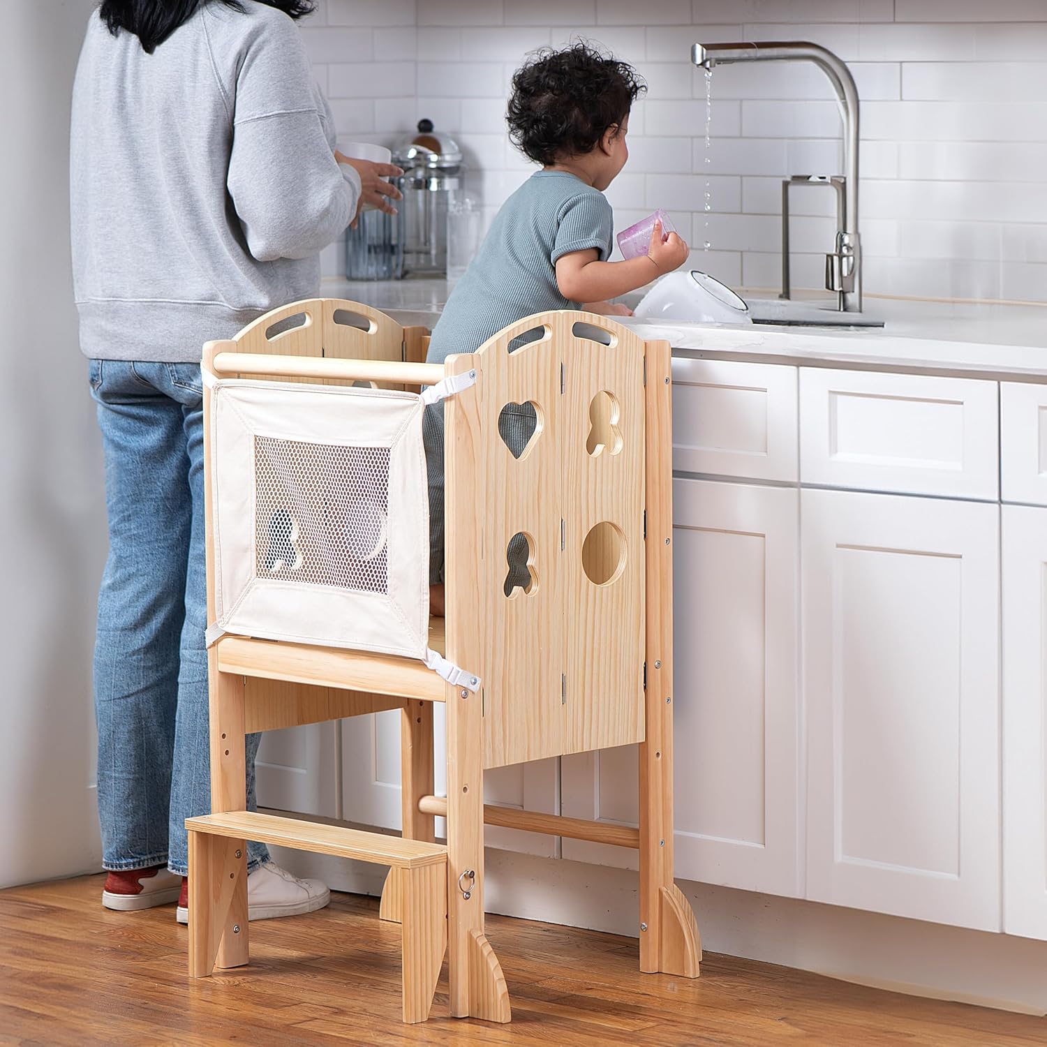 Avenlur Plum - 3 in 1 Foldable Kitchen Tower - Step Stool for Toddlers - Ideal for Kitchen, Living Room, Playroom, and More - with Integrated Chalkboard - Children Kitchen Stool, Natural