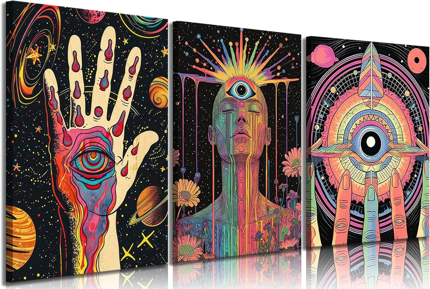 3pcs Psychedelic Eye Canvas Wall Art All Seeing Eye Pictures Wall Decor Retro Hippie Posters Prints Paintings for Bedroom Living Room Apartment Teen Dorm Home Decoration Prepare To Hang