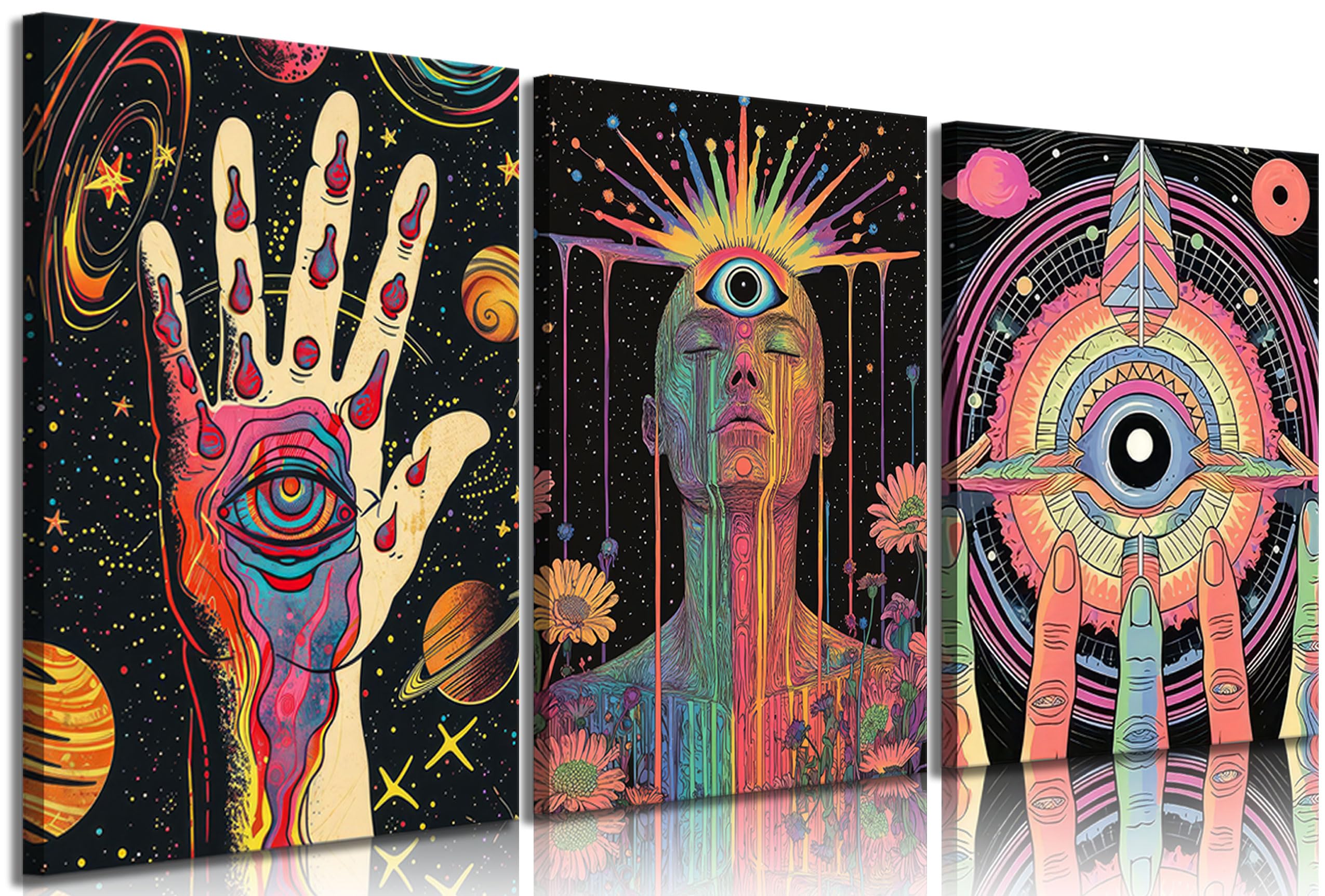 Photo 1 of 3pcs Psychedelic Eye Canvas Wall Art All Seeing Eye Pictures Wall Decor Retro Hippie Posters Prints Paintings for Bedroom Living Room Apartment Teen Dorm Home Decoration Prepare To Hang