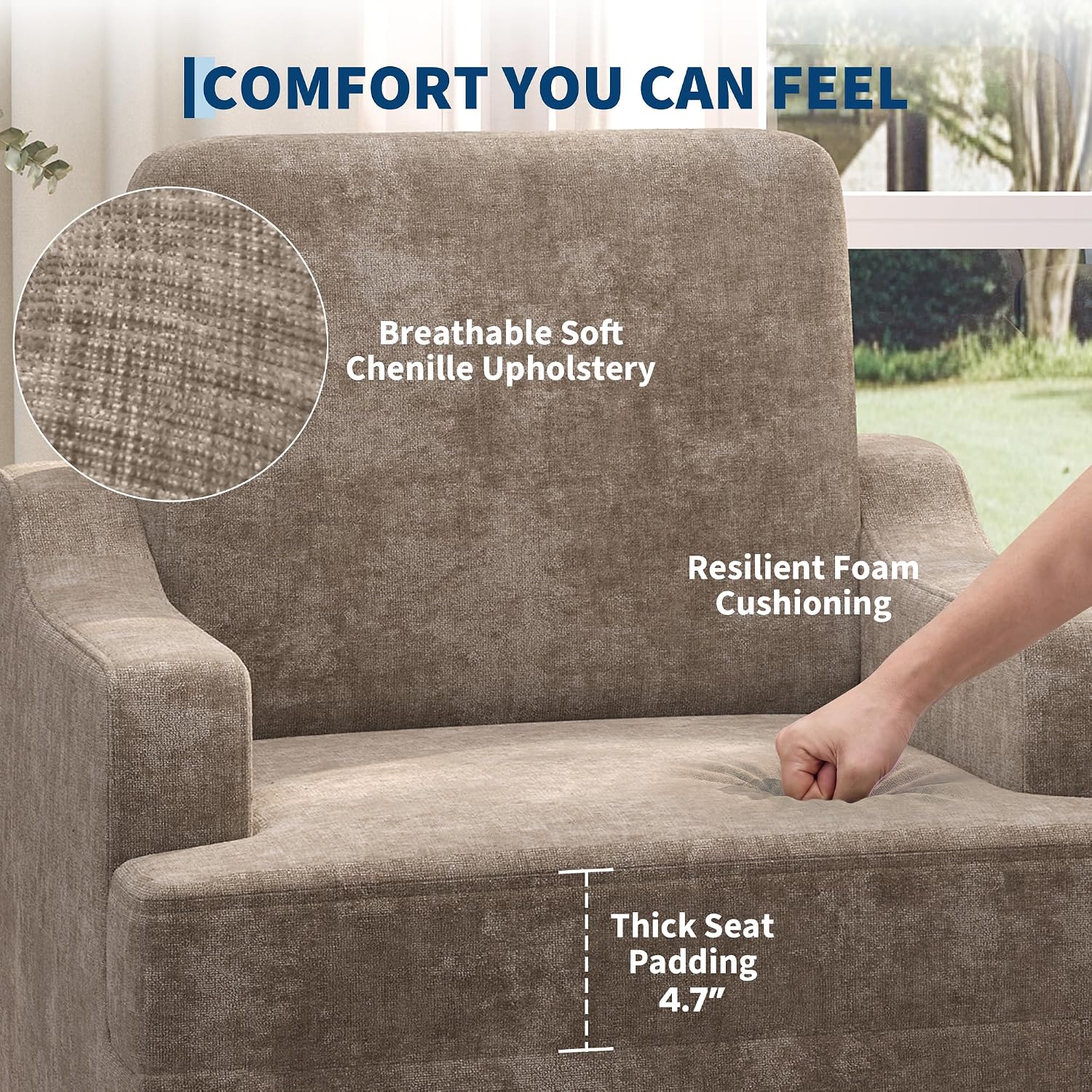 Garvee Modern Accent Chair for Living Room, Bedroom, or Office – Chenille Armchair with Pillow, Ergonomic Design – Comfortable Reading Lounge Chair, Light Brown