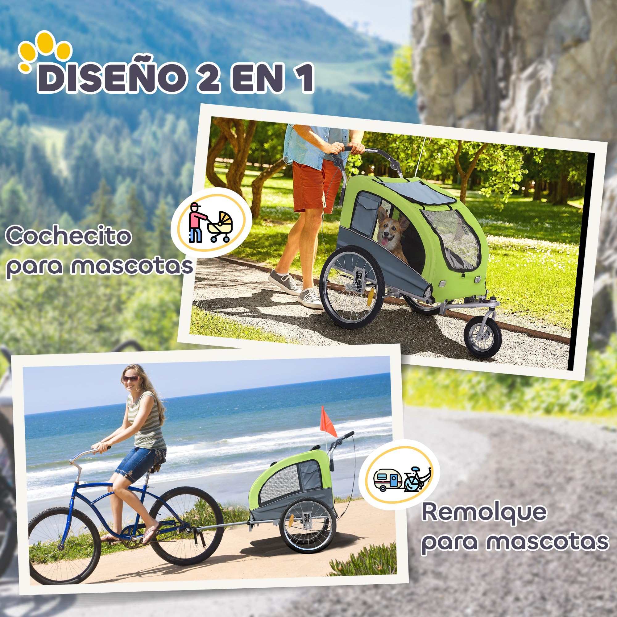 Pawhut Remolque Bicicleta Perros Carro Cochecito para Transporte Mascota 2 en 1 con Barra de Paseo Amortiguador Rueda Giratoria 360° Reflectores Carga Máx. 30kg