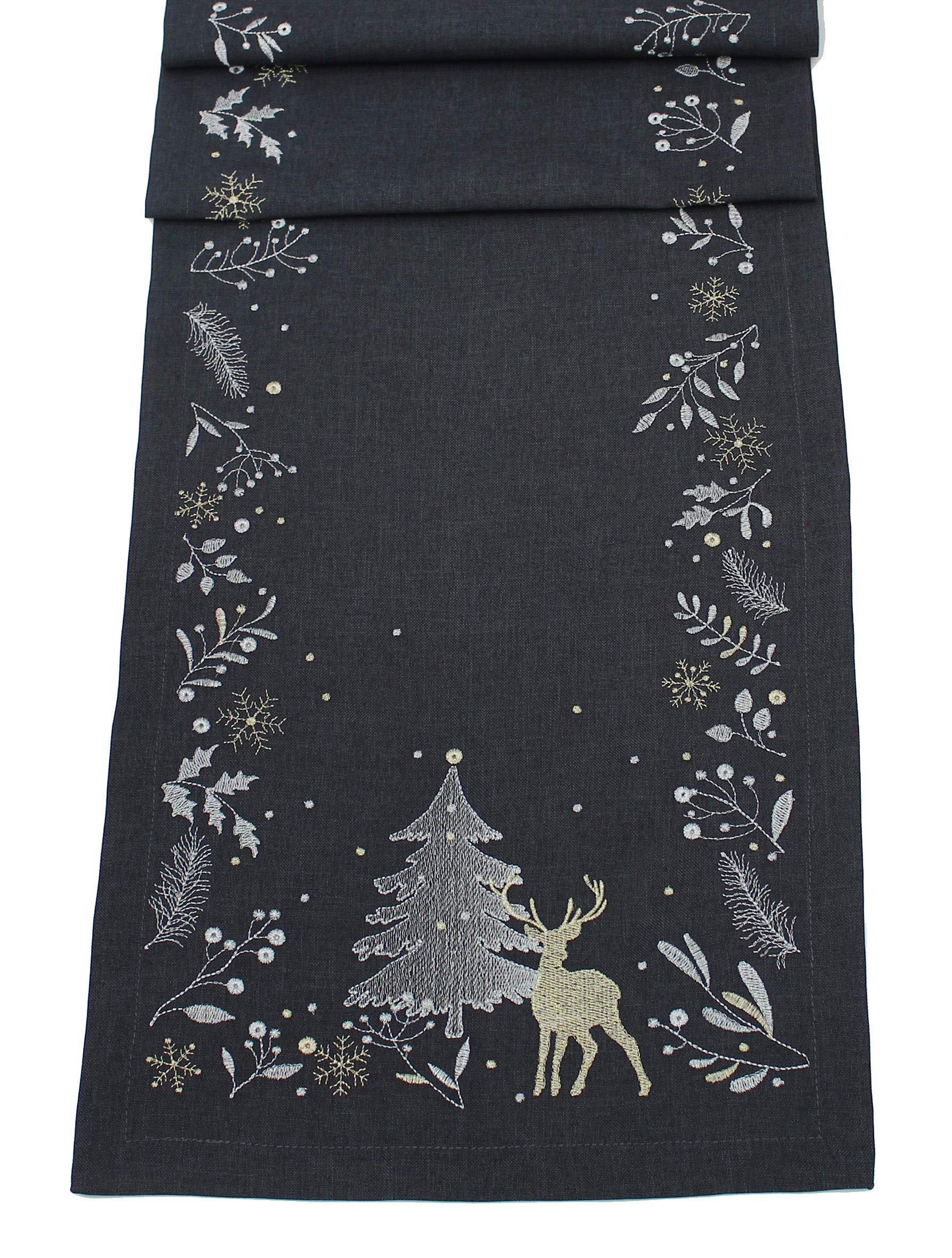 Peggy Wilkins Frosty Forest Embroidered Christmas Table Runner Pewter 14” x 75”