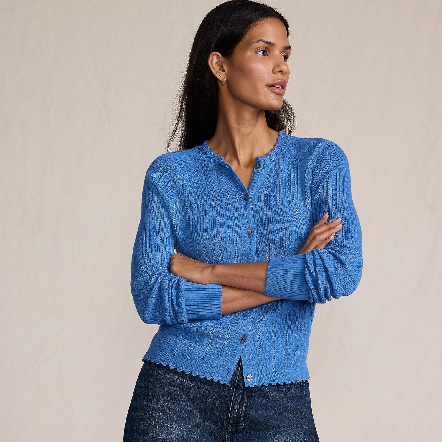 Lands' End Women's Cotton Pointelle Satin Trim Cardigan Sweater