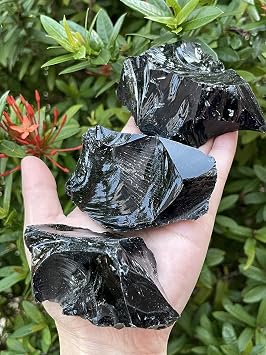 GAF TREASURES Extra Large Black Obsidian Rough Stones, 3-10" Natural Black Obsidian, Raw Black Obsidian Rock 0.3-0.5 lb