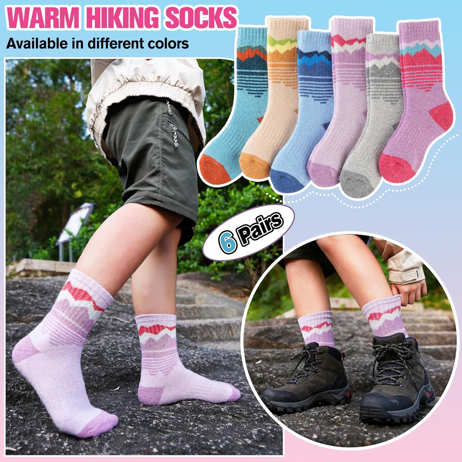 Sandsuced Kids Girls Toddlers Merino Wool Hiking Socks Thermal Warm Winter Cozy Crew Outdoor Socks 6 Pairs - Image 5